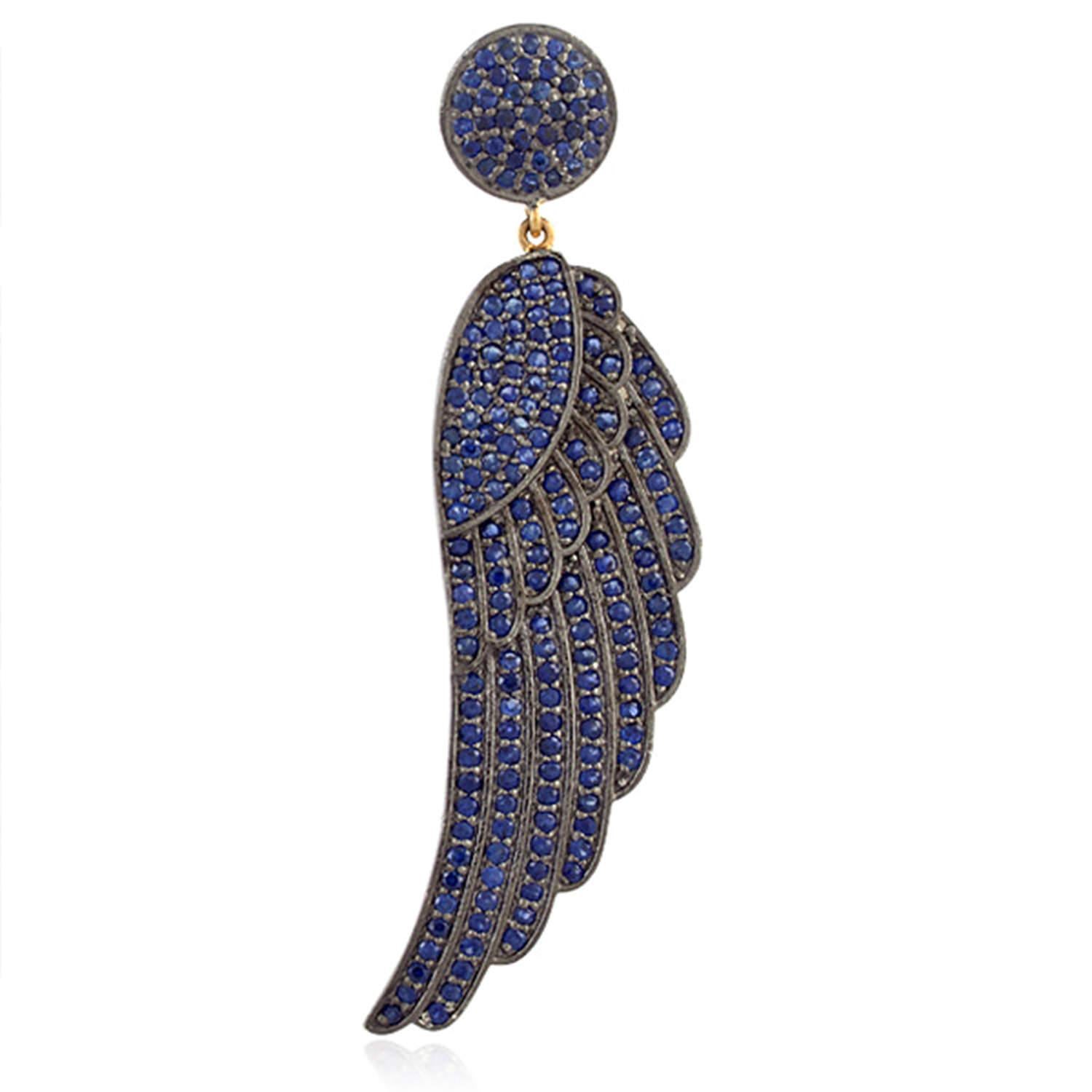 Round Cut Blue Sapphire Wings Dangle Earrings 6.93 Carats For Sale