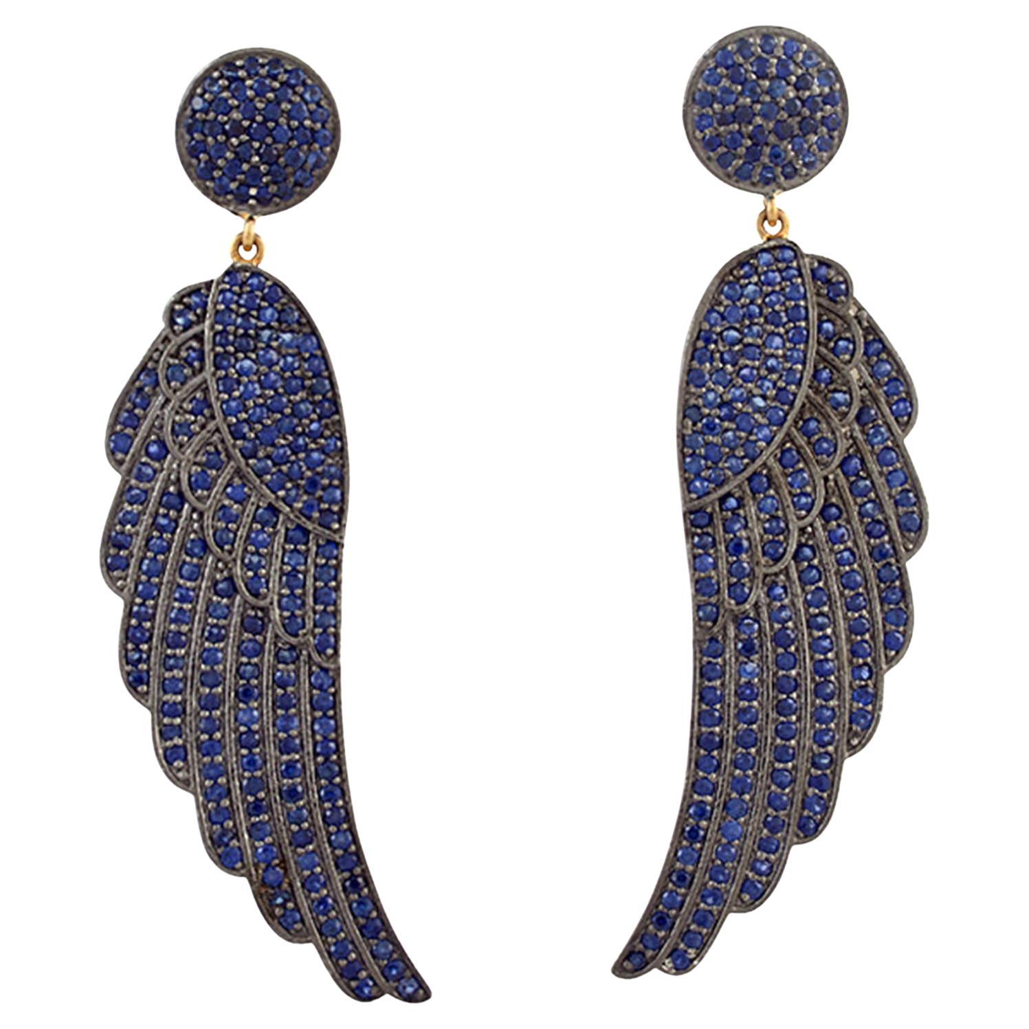 Blue Sapphire Wings Dangle Earrings 6.93 Carats For Sale