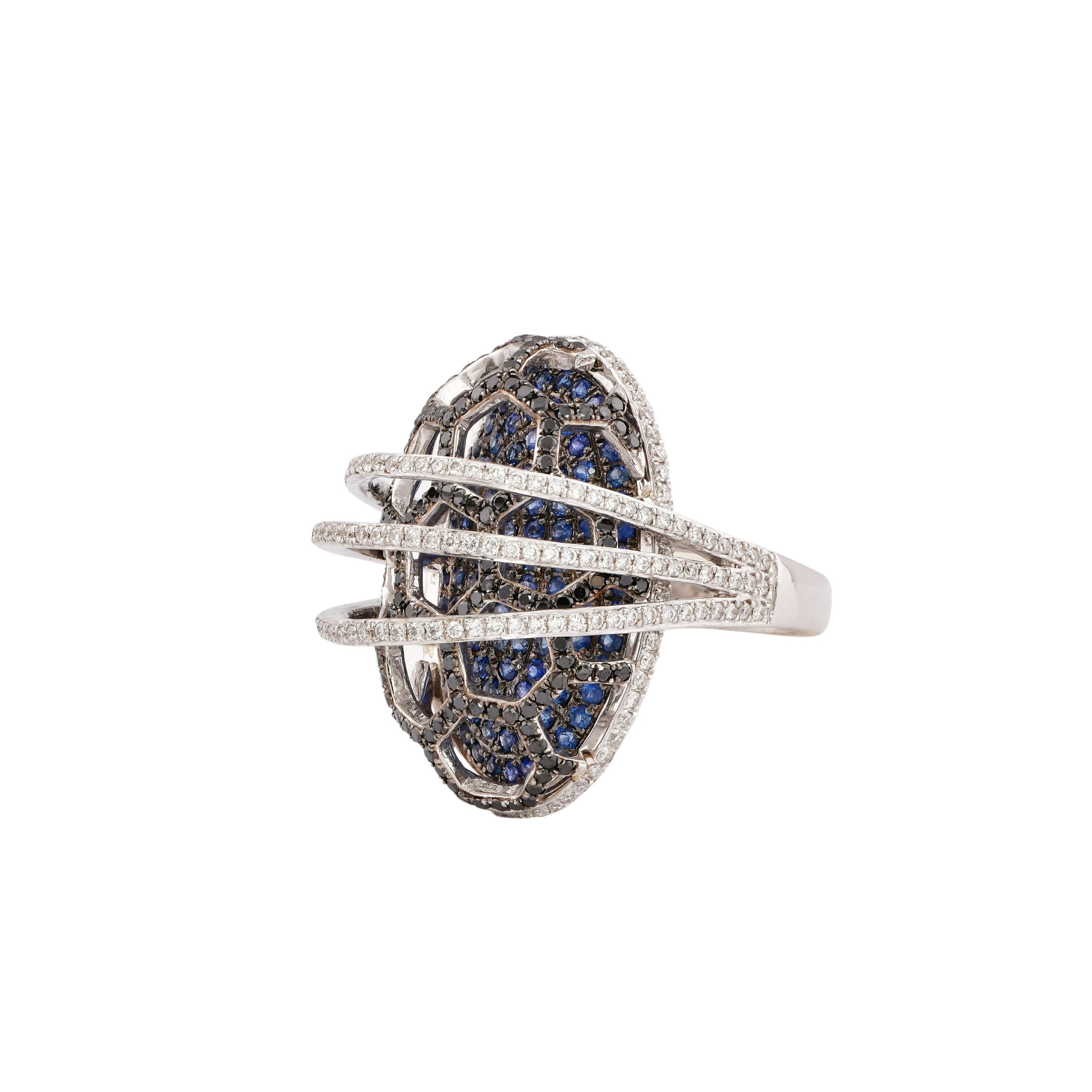 Contemporary Blue Sapphire with Black & White Diamond Cocktail Ring in 14 Karat White Gold For Sale