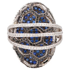 Blue Sapphire with Black & White Diamond Cocktail Ring in 14 Karat White Gold