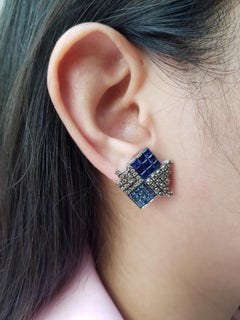 Blue Sapphire with Brown Diamond Earrings Set in 18 Karat White Gold Settings