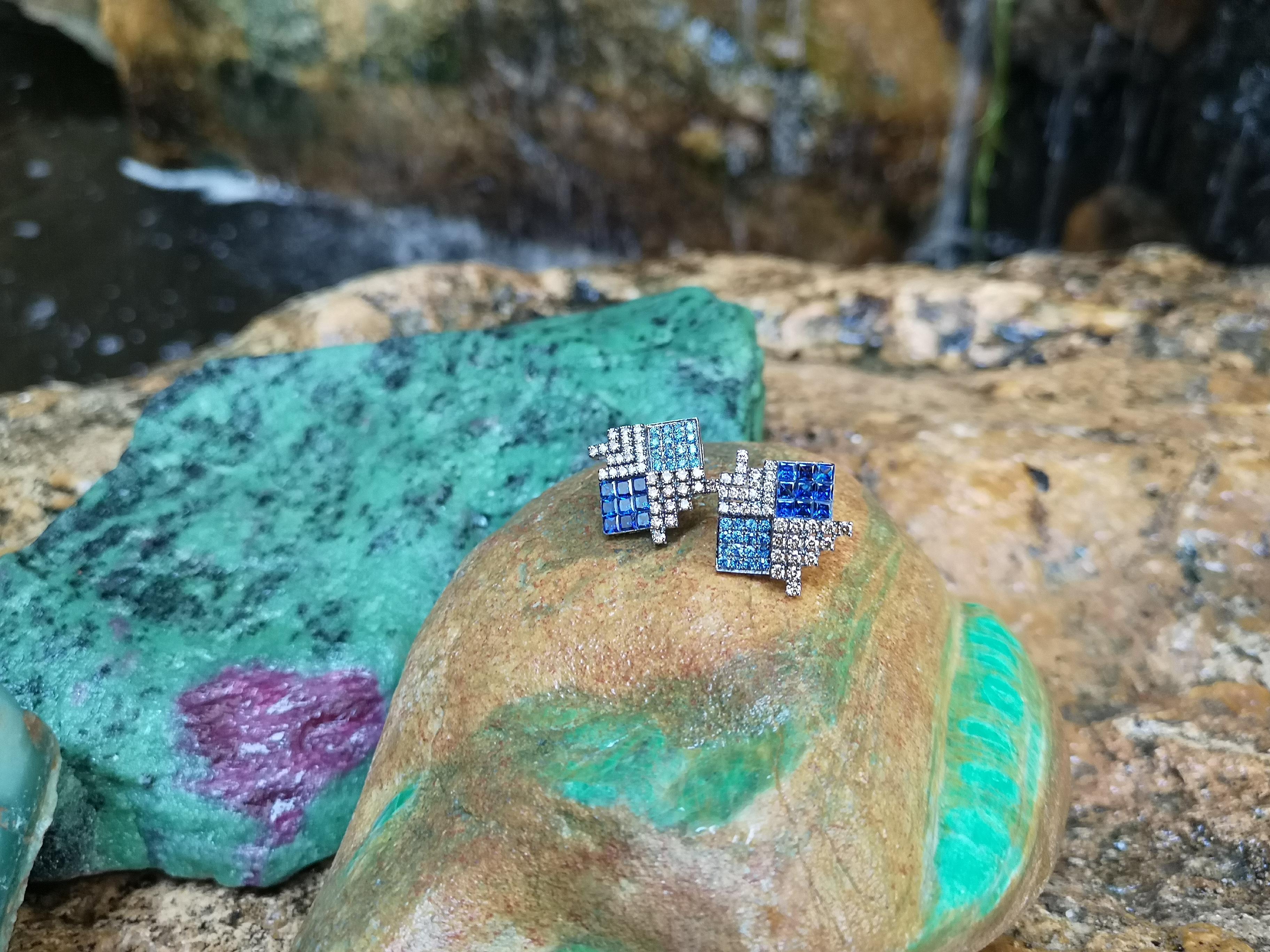 Princess Cut Blue Sapphire with Brown Diamond Earrings Set in 18 Karat White Gold Settings For Sale