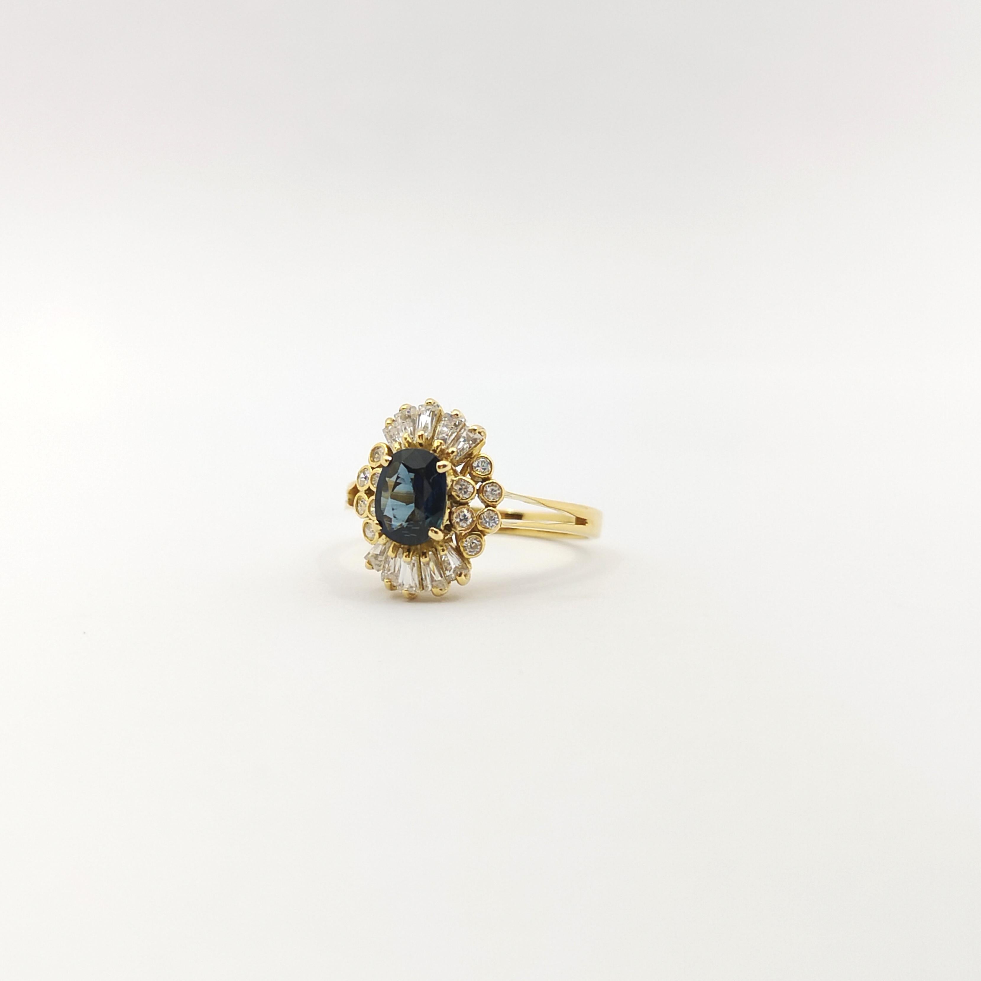 Blue Sapphire with Cubic Zirconia Ring set in 14k Gold Settings For Sale 5