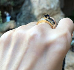 Zafiro Azul con Diamante y Zafiro Azul Anillo Engastado en Oro de 18 Kilates