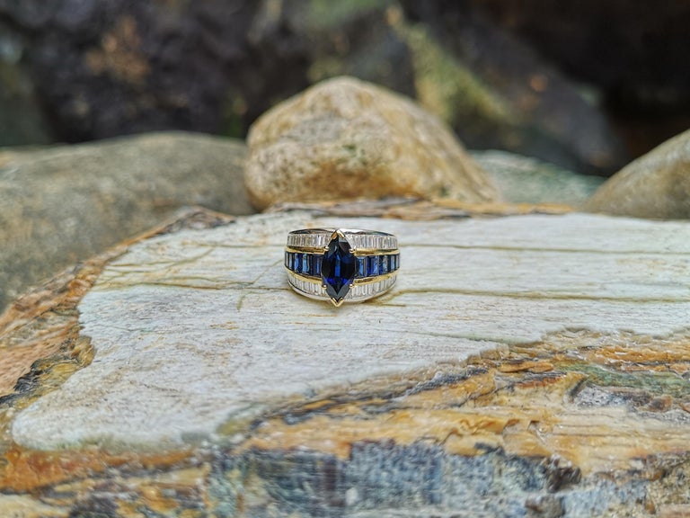 Blue Sapphire with Diamond and Blue Sapphire Ring Set in 18 Karat Gold Settings For Sale 2