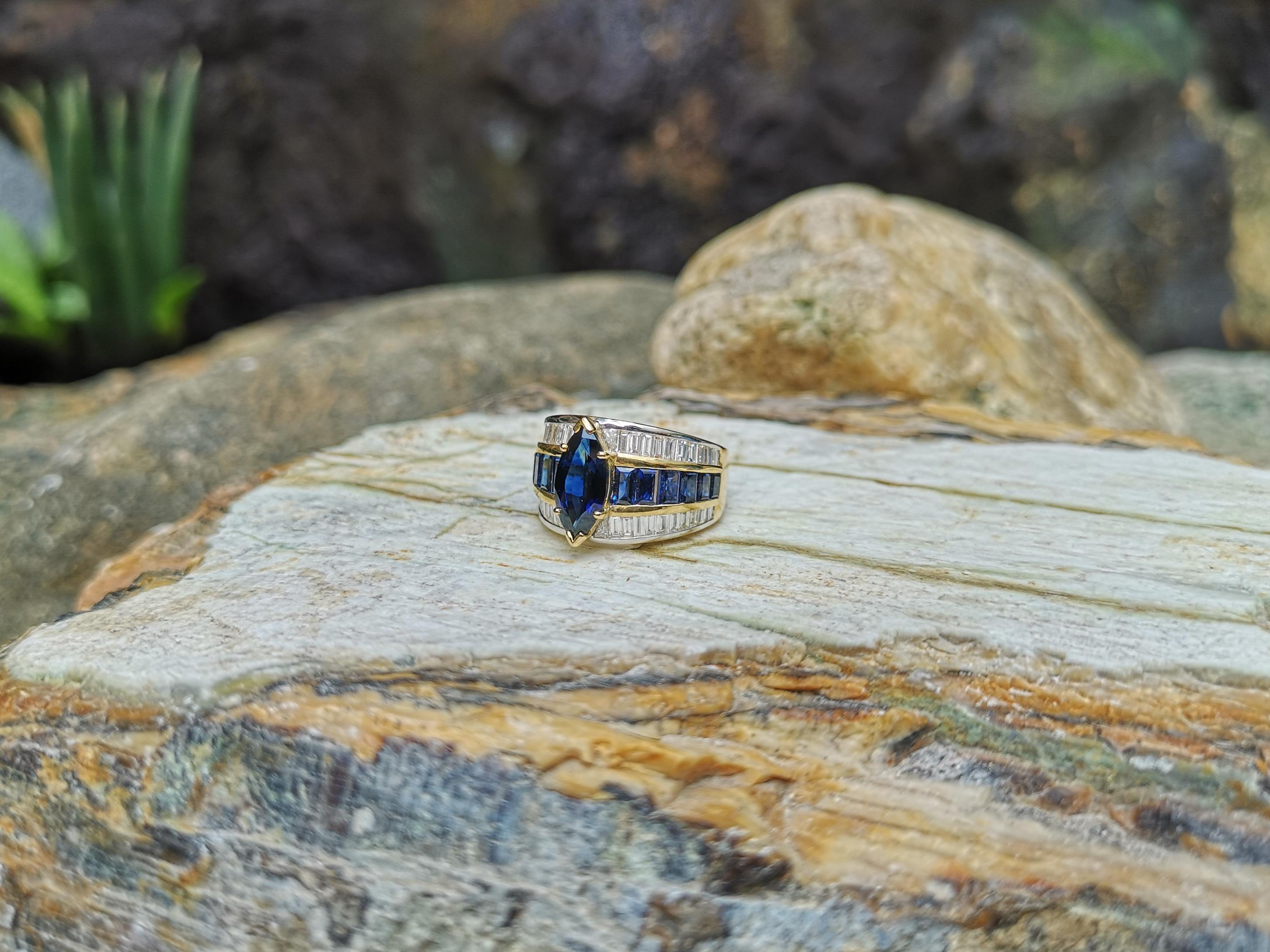 Blue Sapphire with Diamond and Blue Sapphire Ring Set in 18 Karat Gold Settings For Sale 1
