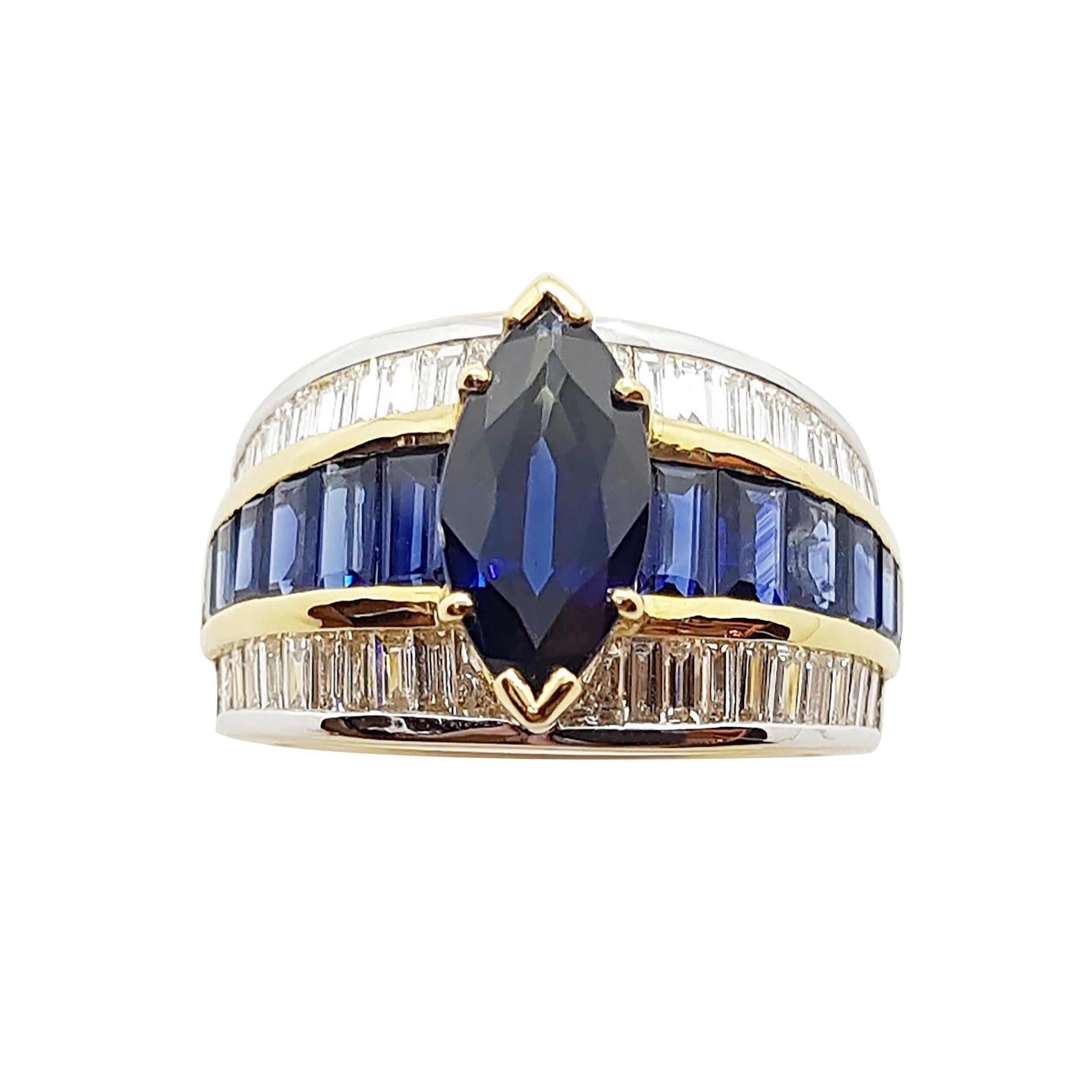 Ring mit blauem Blauem Saphir mit Diamant und blauem Saphir in 18 Karat Goldfassung