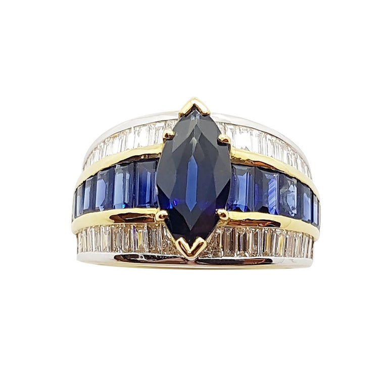 Blue Sapphire with Diamond and Blue Sapphire Ring Set in 18 Karat Gold Settings For Sale