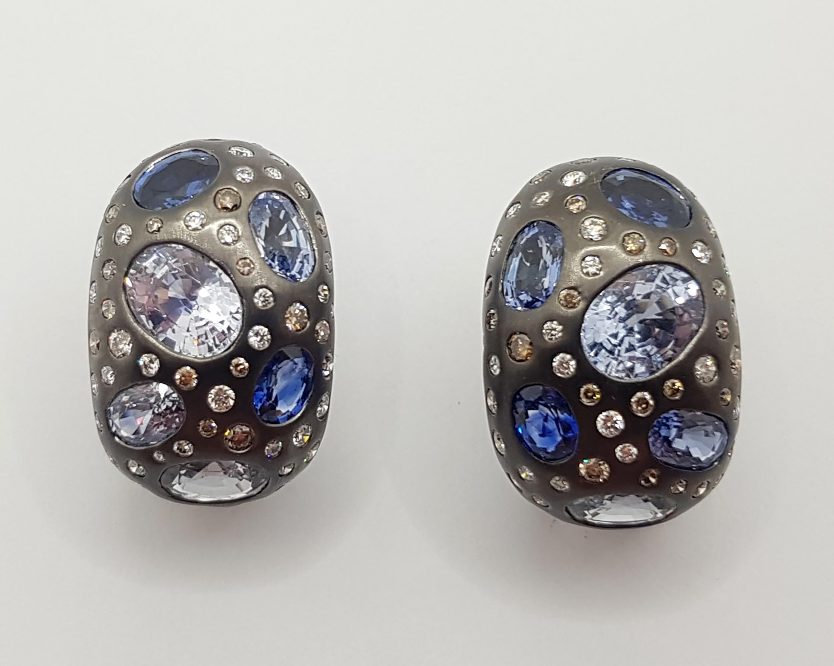 Contemporary Blue Sapphire with Diamond and Brown Diamond Earrings Set in 18 Karat White Gold For Sale