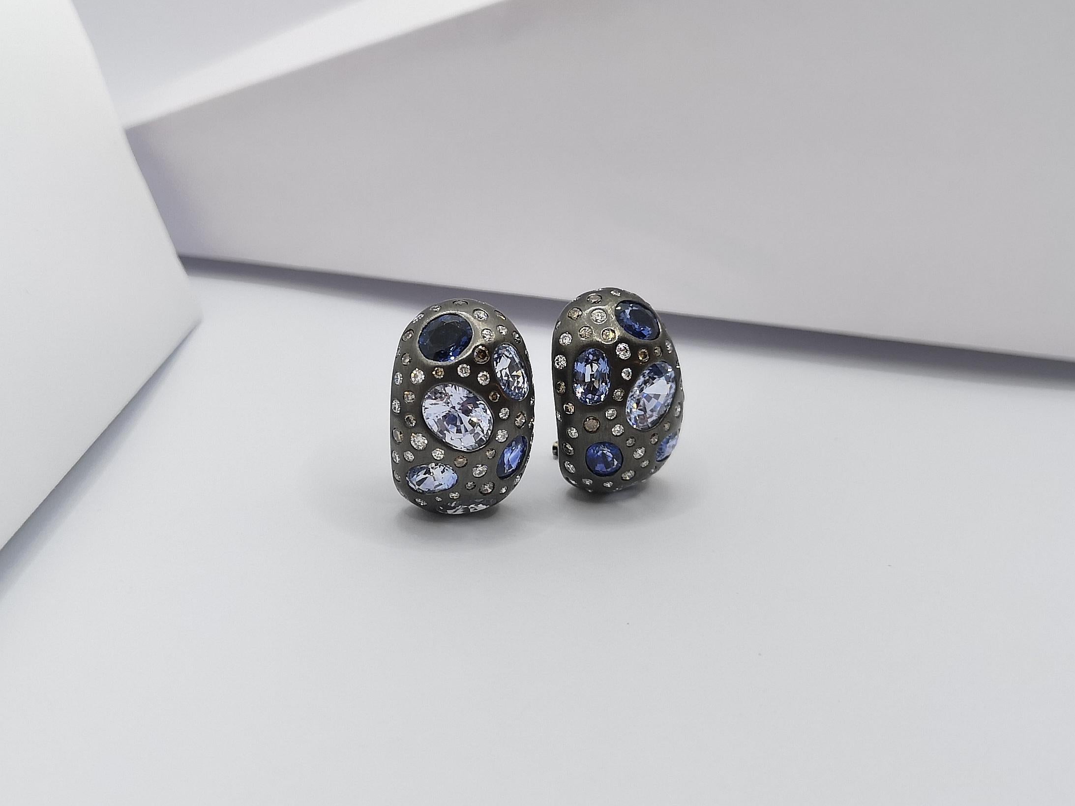 Women's Blue Sapphire with Diamond and Brown Diamond Earrings Set in 18 Karat White Gold For Sale