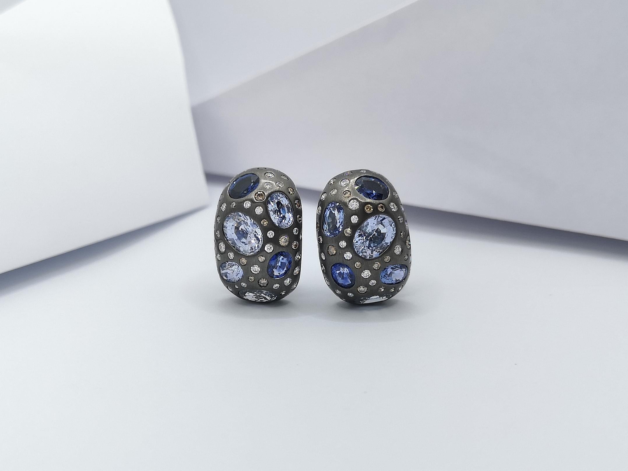 Blue Sapphire with Diamond and Brown Diamond Earrings Set in 18 Karat White Gold For Sale 1