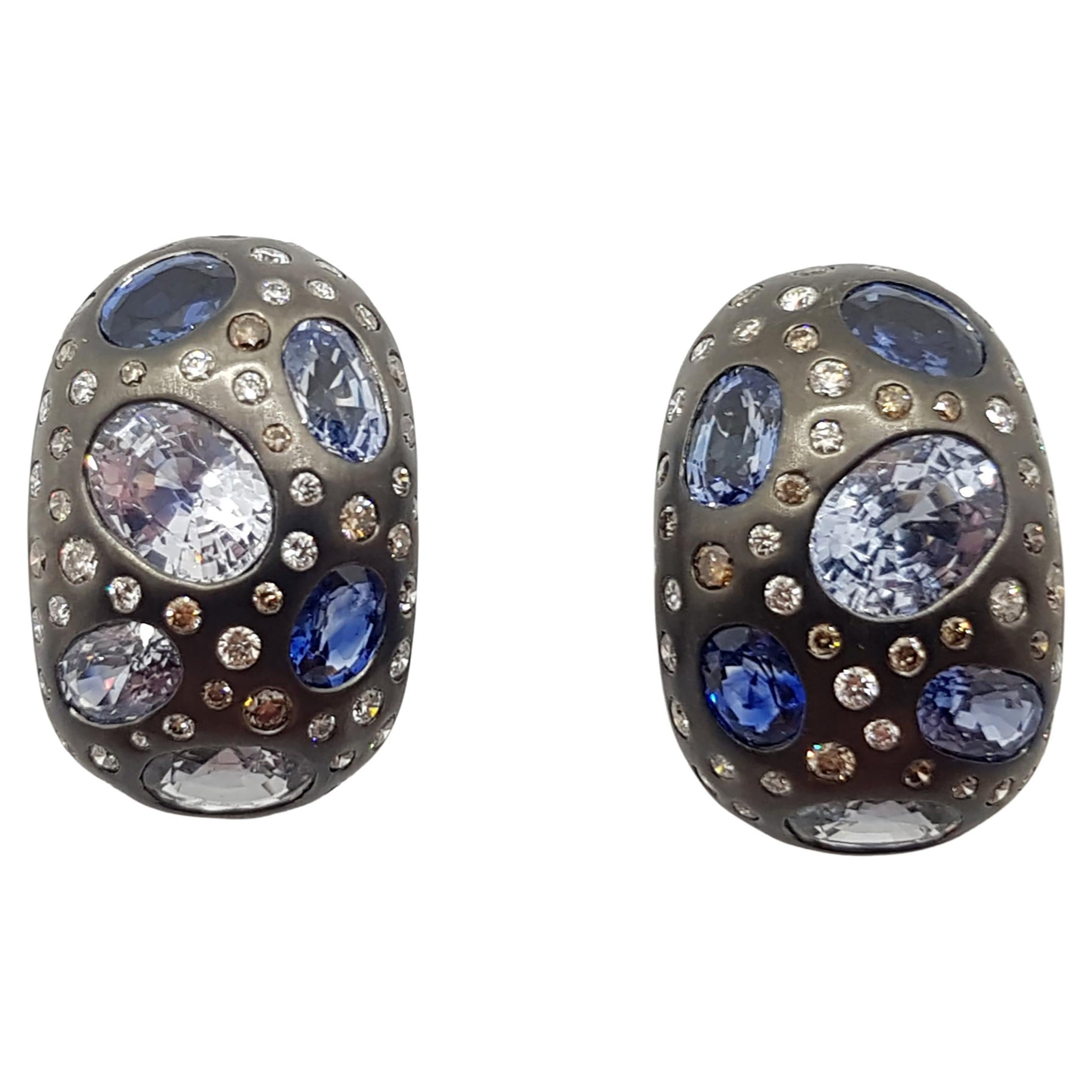 Blue Sapphire with Diamond and Brown Diamond Earrings Set in 18 Karat White Gold