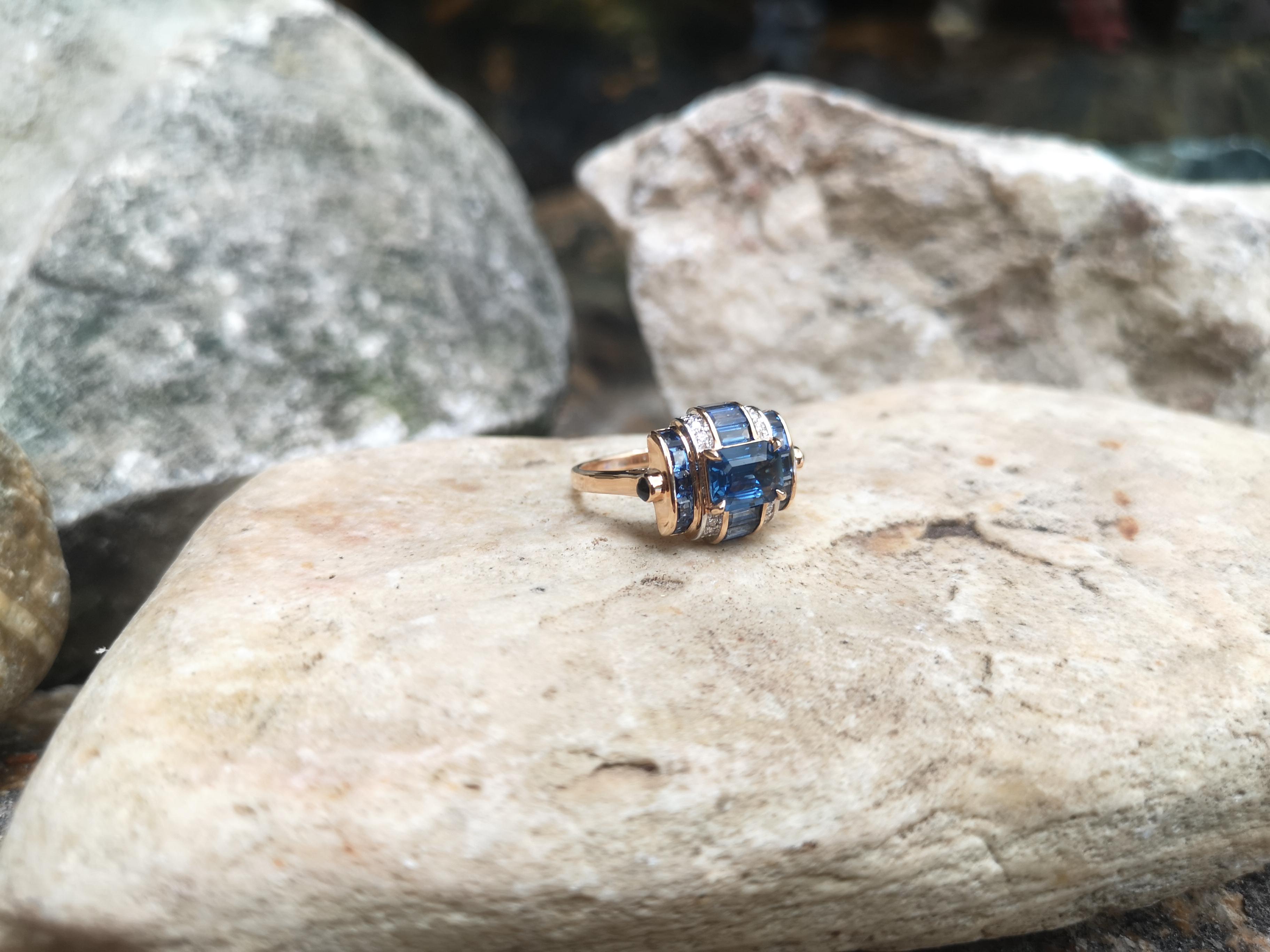 Mixed Cut Blue Sapphire with Diamond and Cabochon Blue Sapphire Ring in 18 Karat Rose Gold