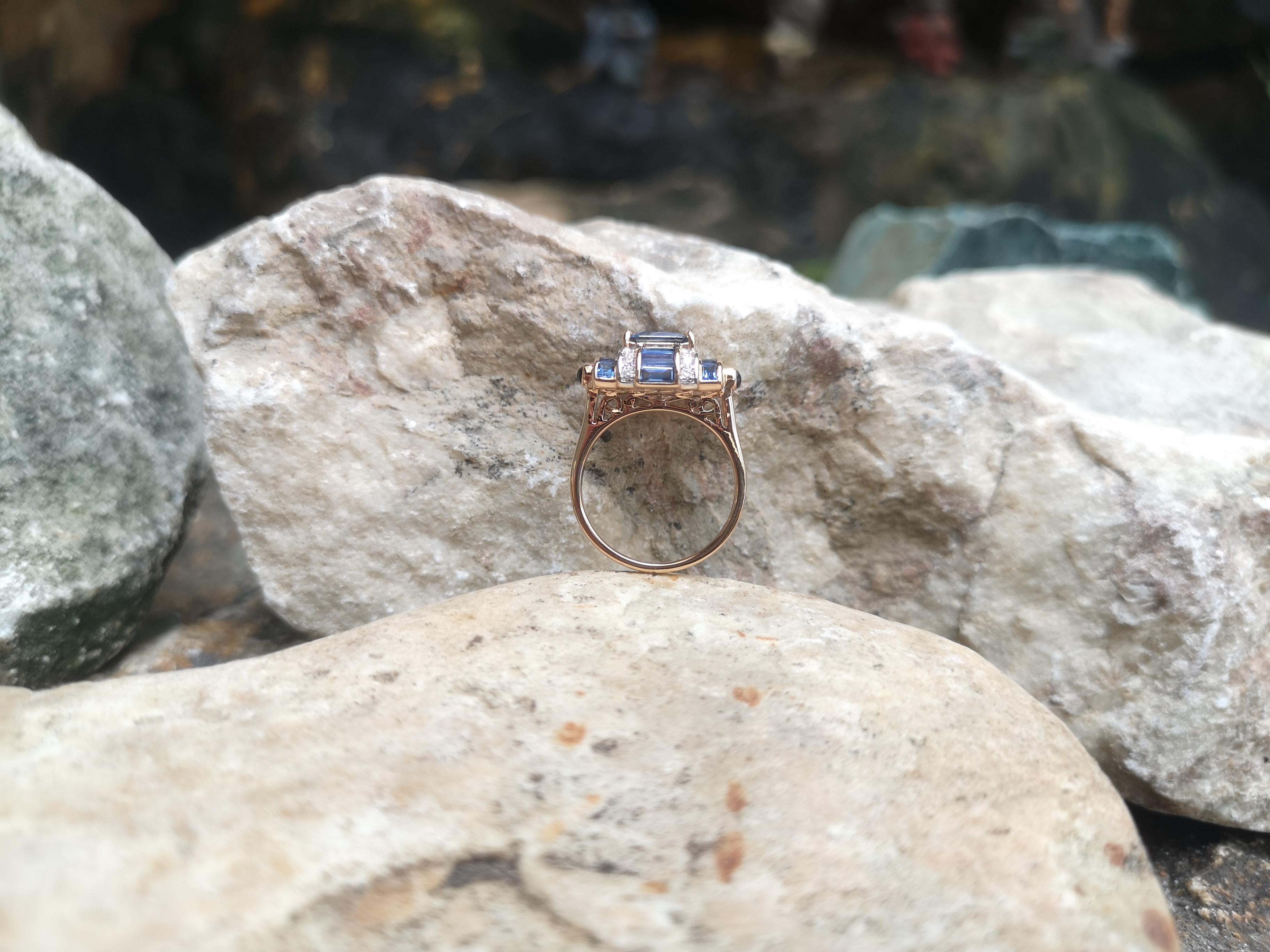 Blue Sapphire with Diamond and Cabochon Blue Sapphire Ring in 18 Karat Rose Gold 1