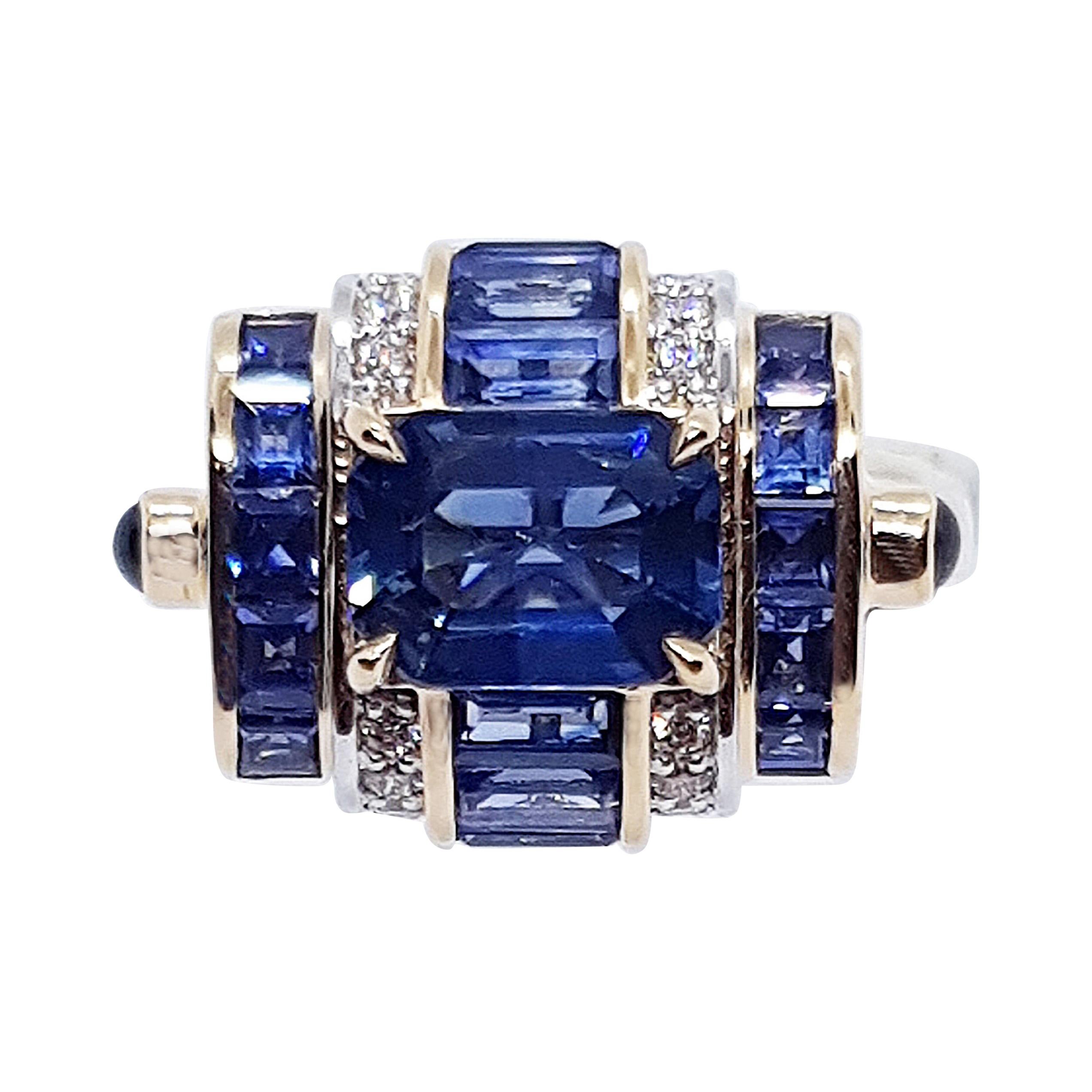 Blue Sapphire with Diamond and Cabochon Blue Sapphire Ring in 18 Karat Rose Gold