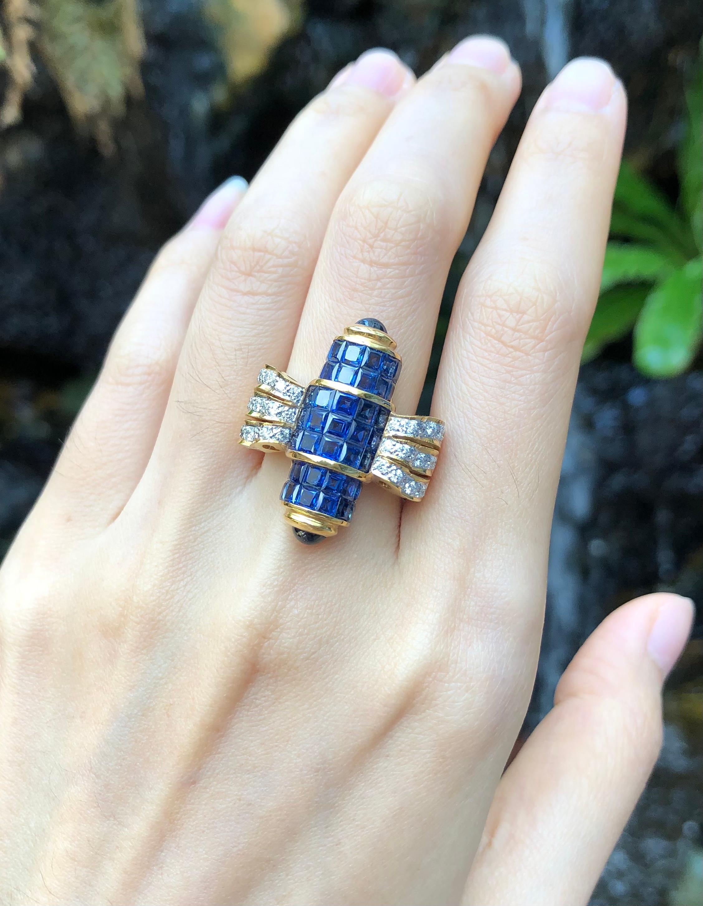 Art Deco Blue Sapphire with Diamond and Cabochon Blue Sapphire Ring Set in 18 Karat Gold For Sale