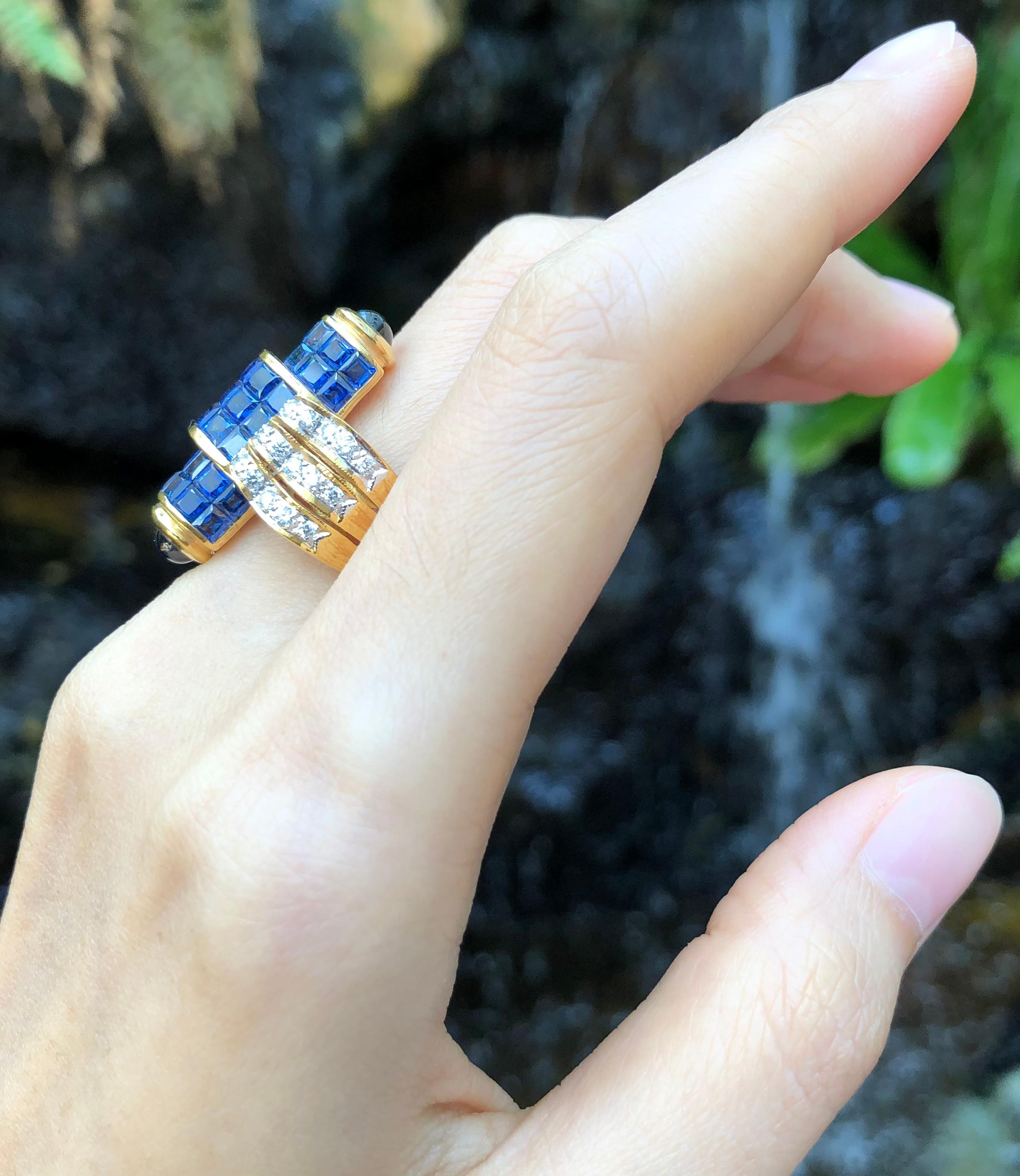 Mixed Cut Blue Sapphire with Diamond and Cabochon Blue Sapphire Ring Set in 18 Karat Gold For Sale