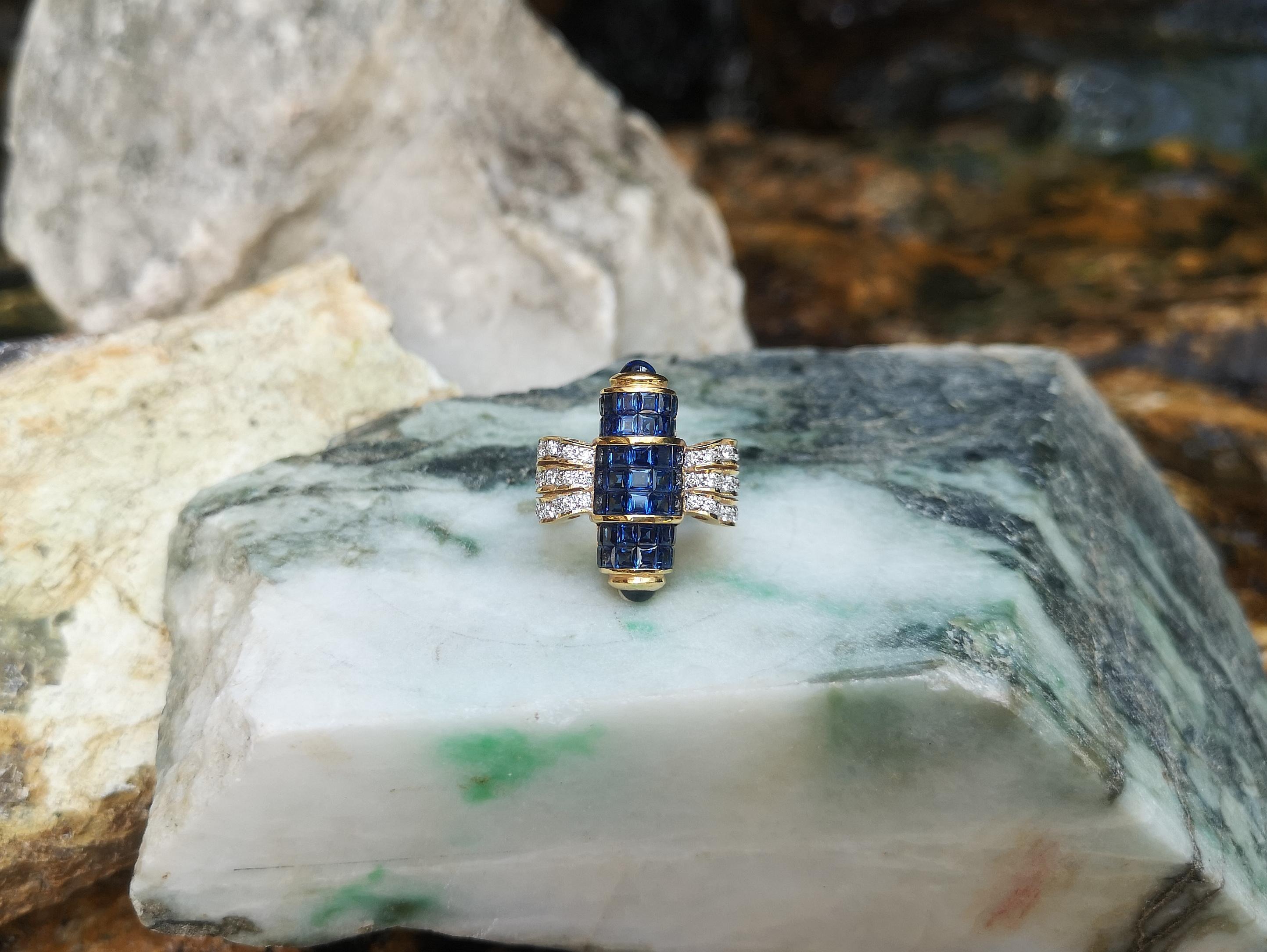 Blue Sapphire with Diamond and Cabochon Blue Sapphire Ring Set in 18 Karat Gold For Sale 3