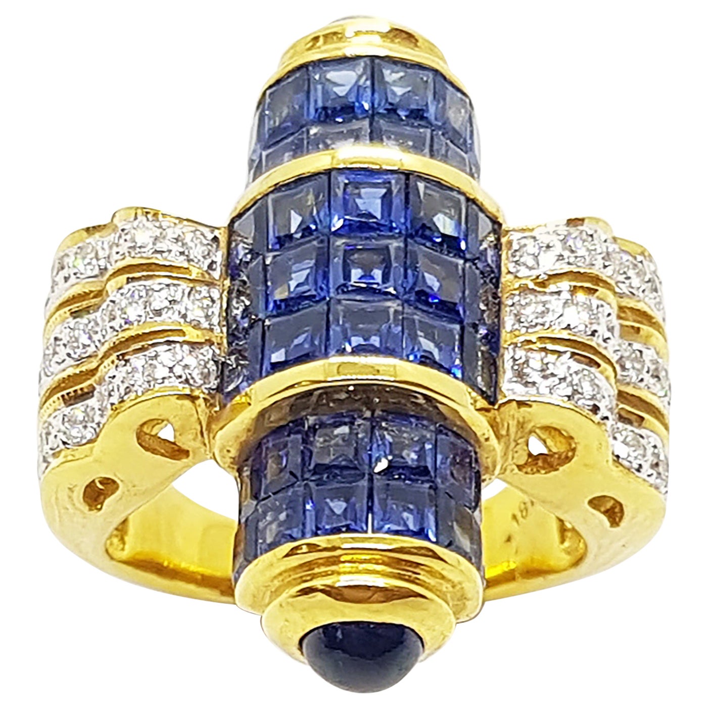 Anillo de zafiro azul con diamante y zafiro azul cabujón engastado en oro de 18 quilates en venta