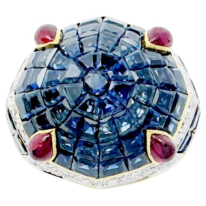 Blue Sapphire with Diamond and Cabochon Ruby Ring set in 18K Gold Setting For Sale
