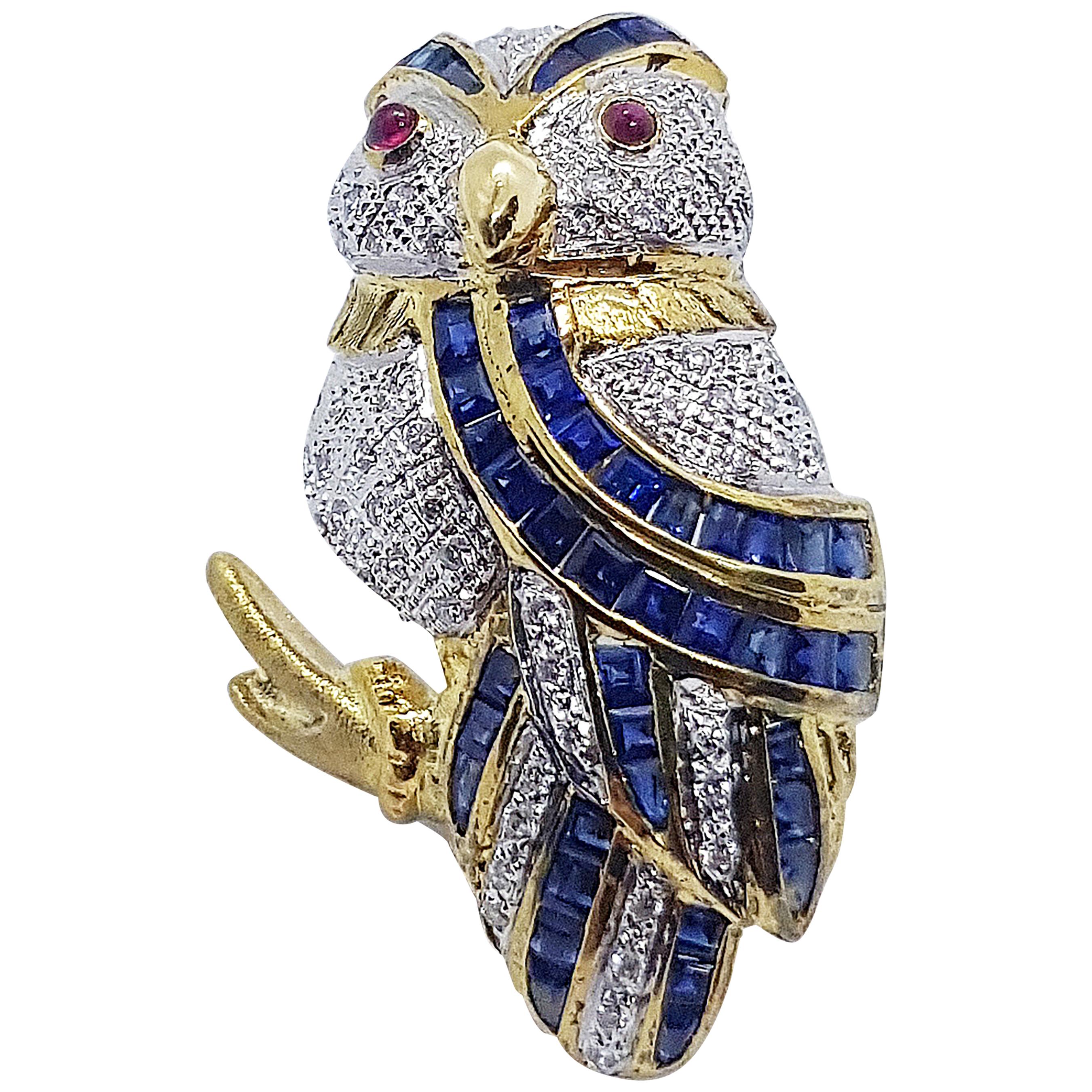 Blue Sapphire with Diamond and Ruby Owl Brooch Set in 18 Karat Gold Settings For Sale