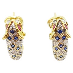Blue Sapphire with Diamond and Ruby Panther Earrings Set in 18 Karat Gold Blue Sapphire with Diamond and Ruby Panther Earrings Set in 18 Karat Gold
