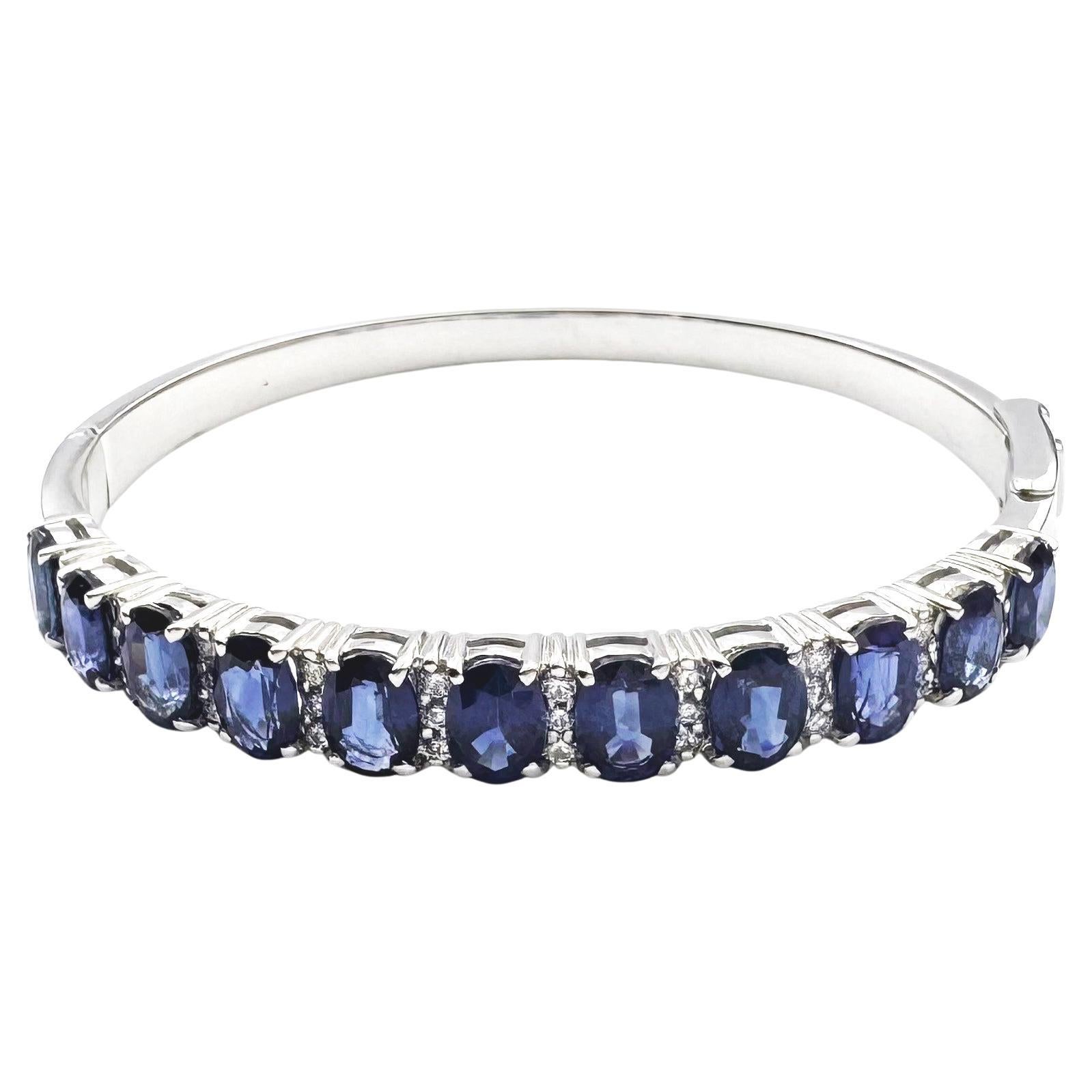 Blue Sapphire with Diamond Bangle set in 18K White Gold Settings