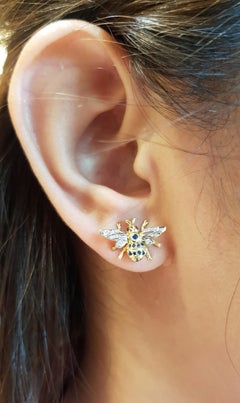 Blue Sapphire with Diamond Bee Earrings Set in 18 Karat Gold Settings