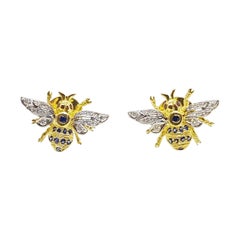 Blue Sapphire with Diamond Bee Earrings Set in 18 Karat Gold Settings