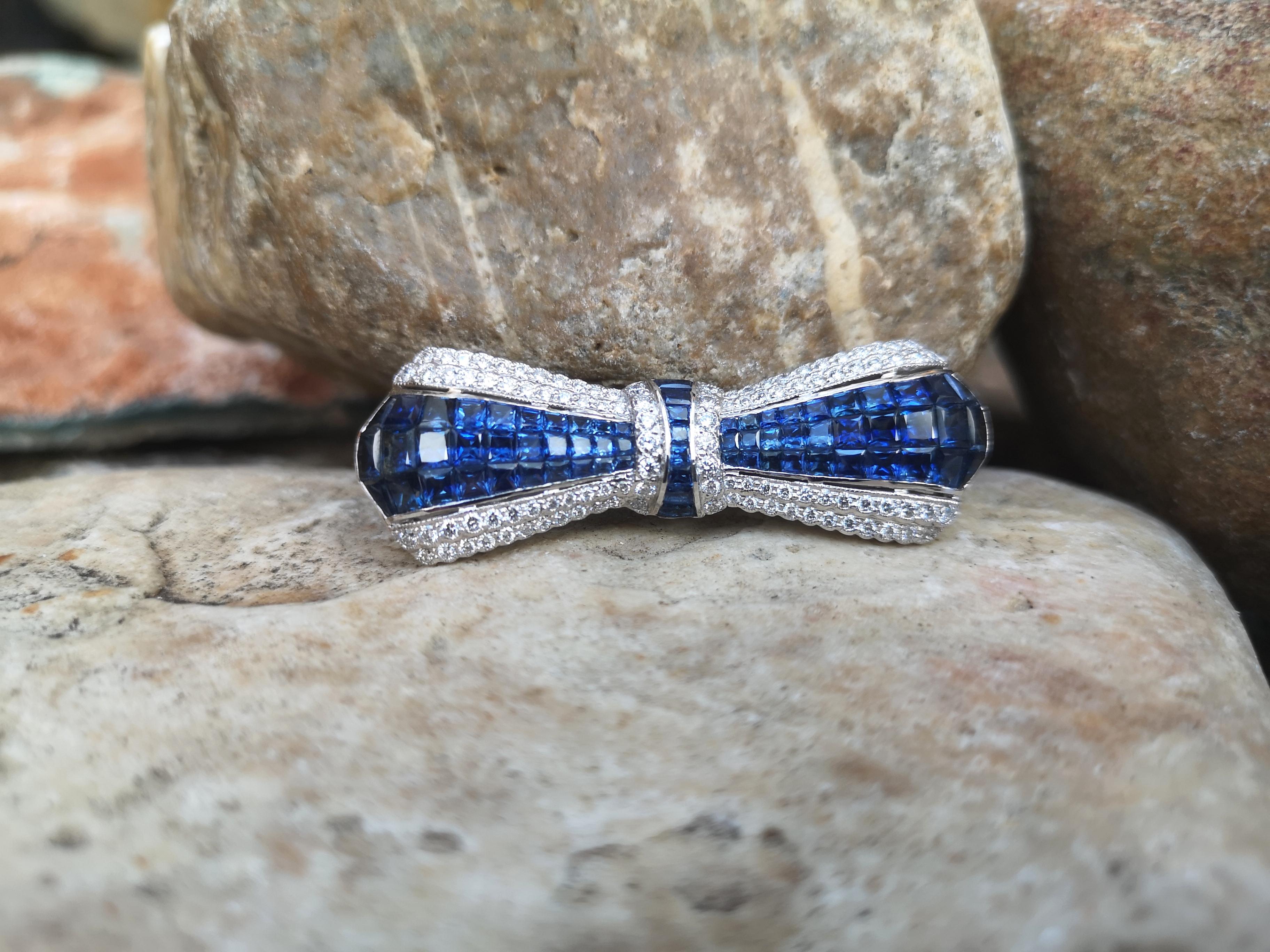 Mixed Cut Blue Sapphire with Diamond Bow Brooch Set in 18 Karat White Settings For Sale