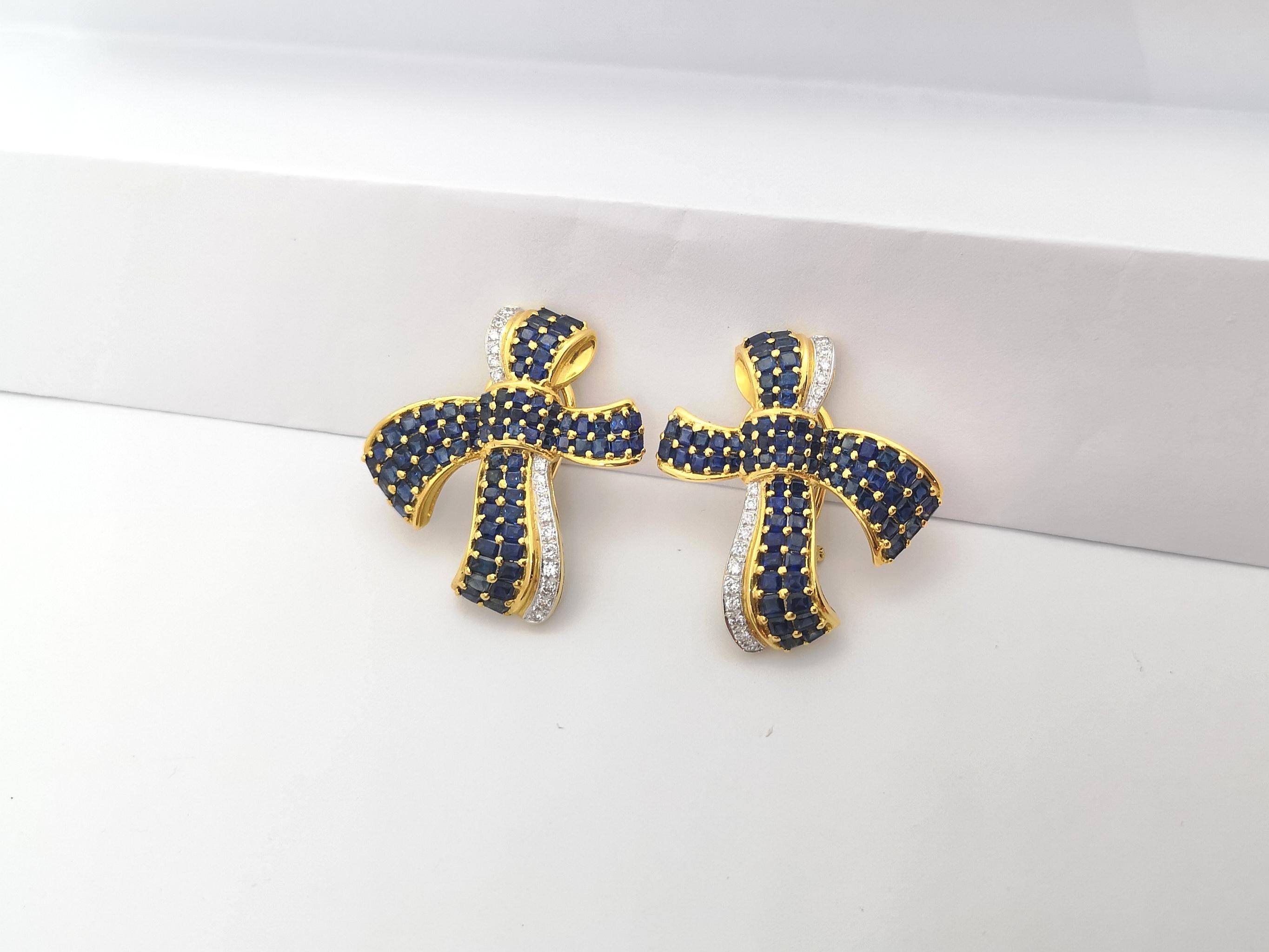 Contemporary Blue Sapphire with Diamond Bow Earrings Set in 18k Gold Settings For Sale