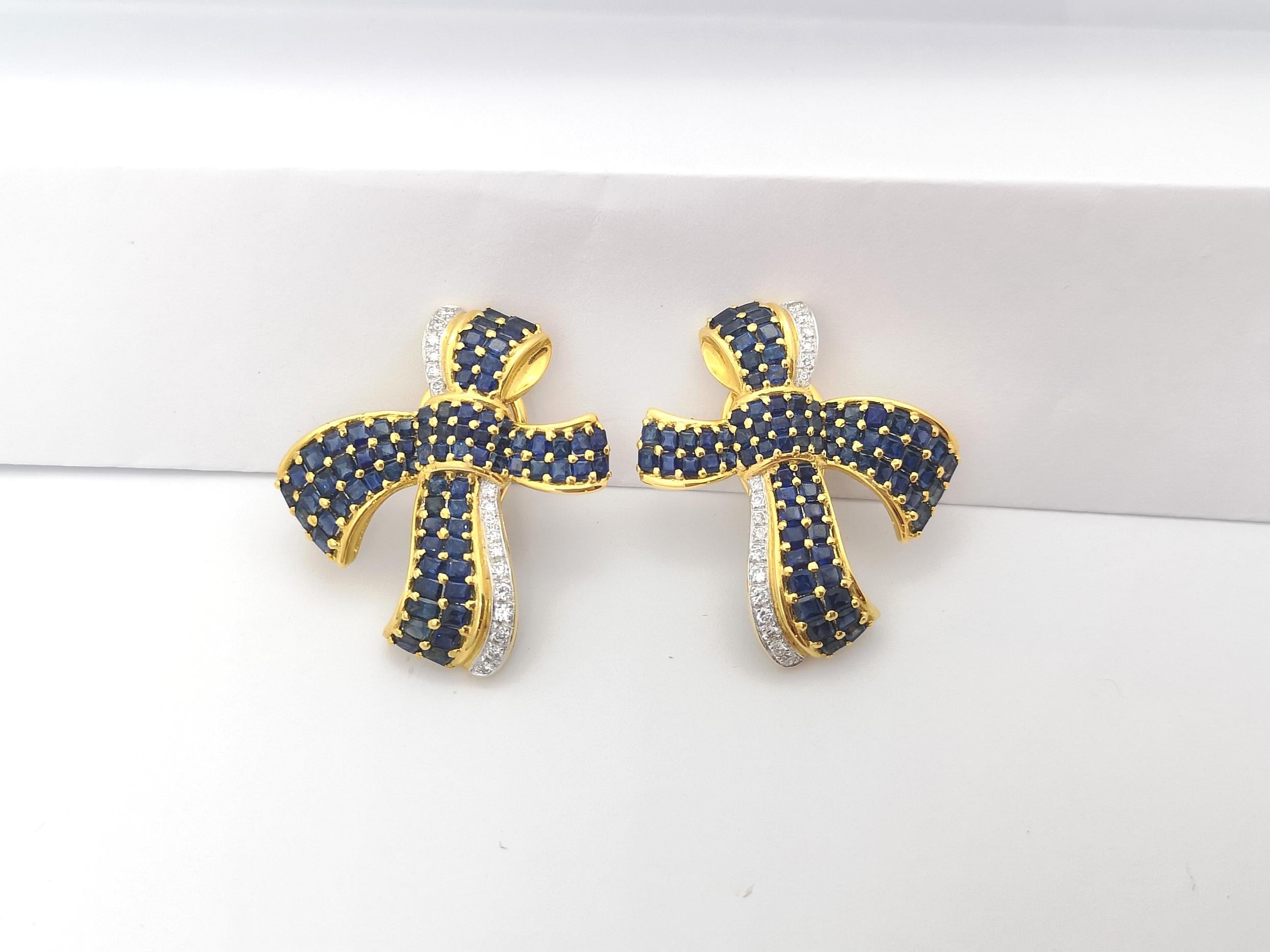 Mixed Cut Blue Sapphire with Diamond Bow Earrings Set in 18k Gold Settings For Sale
