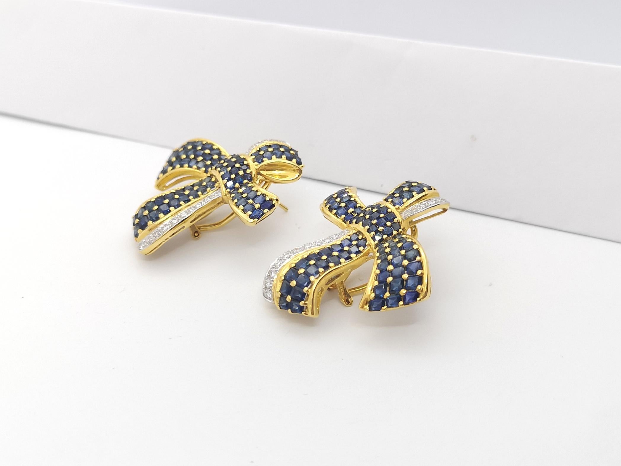 Blue Sapphire with Diamond Bow Earrings Set in 18k Gold Settings For Sale 1