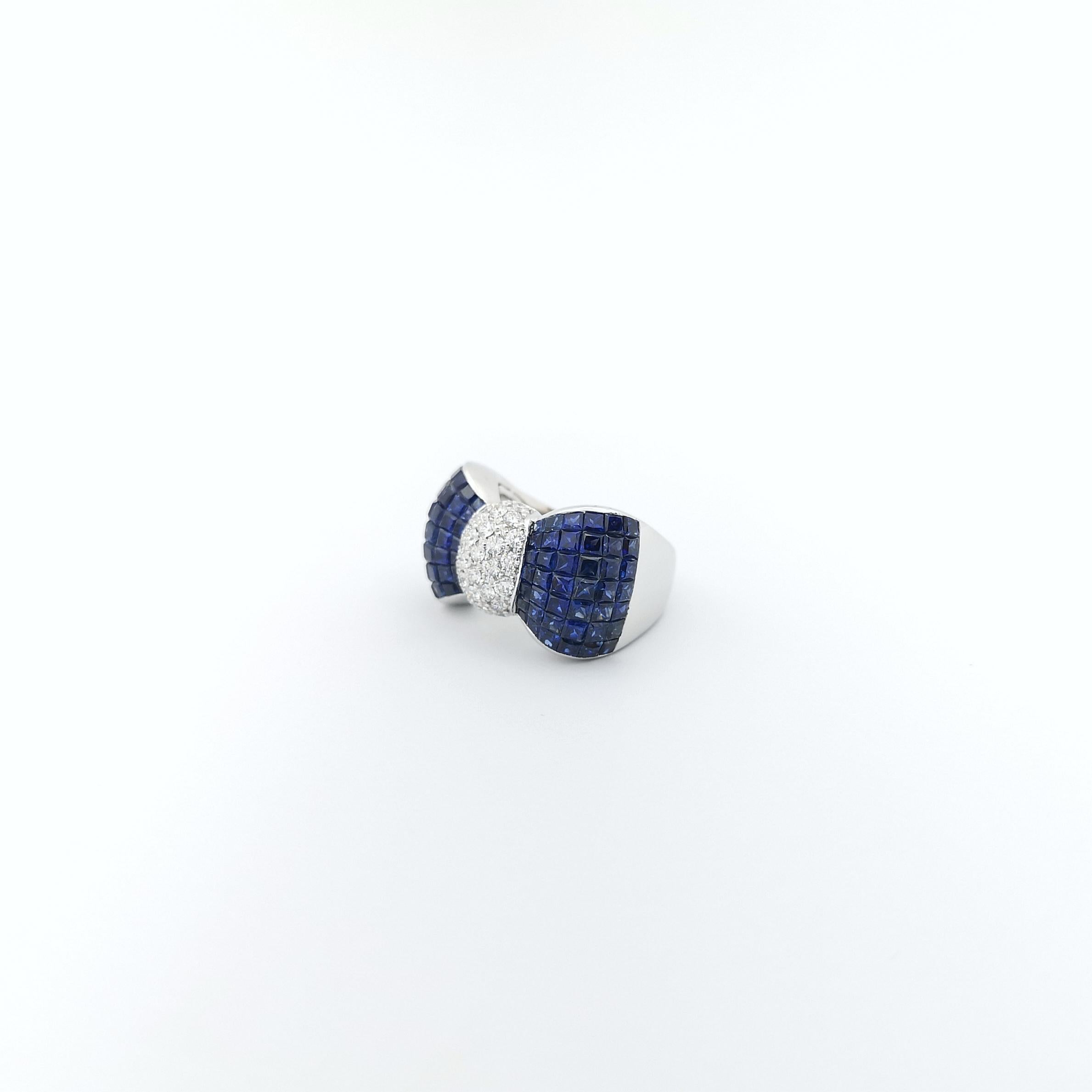 Blue Sapphire with Diamond Bow Ring set in 18K White Gold Settings For Sale 4