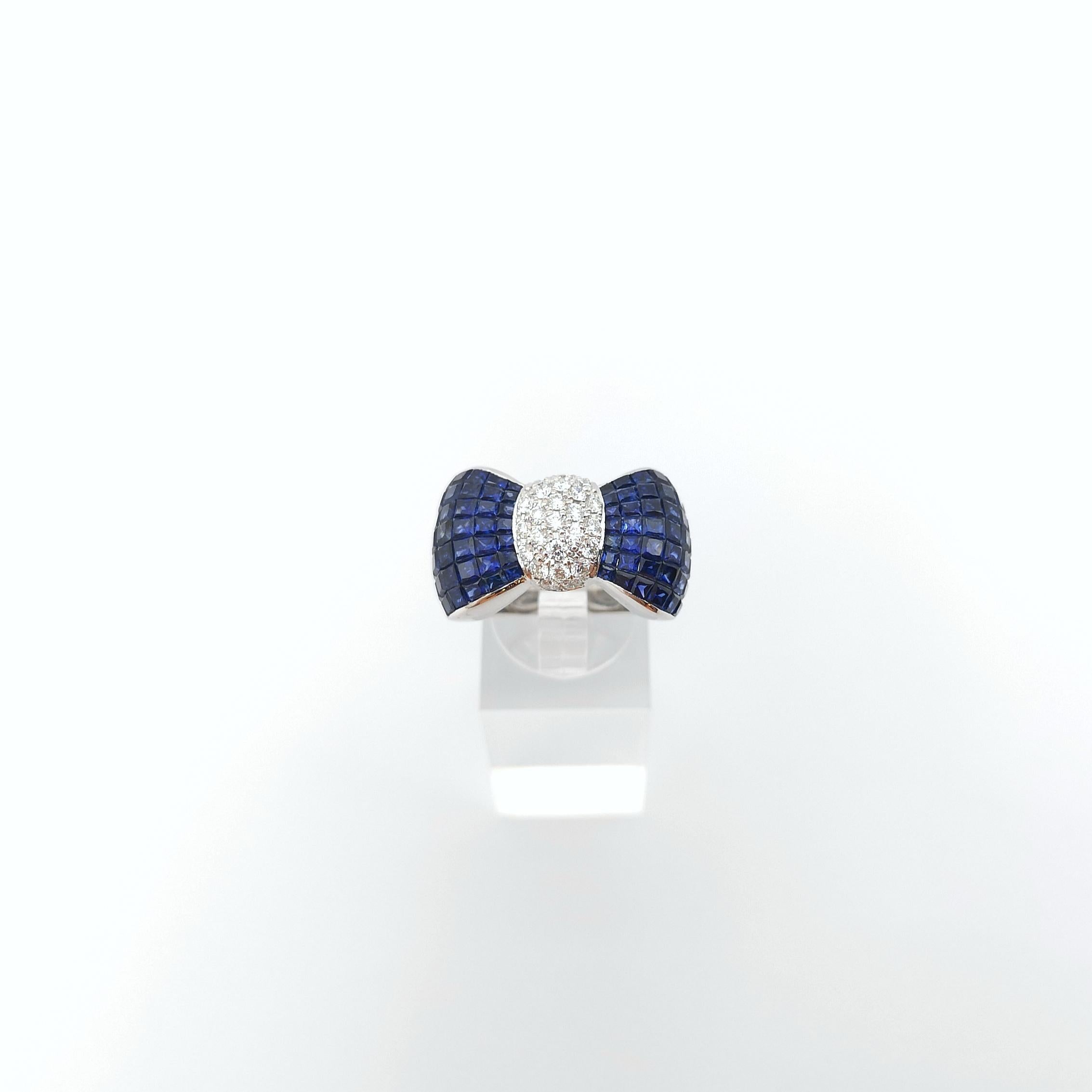 Blue Sapphire with Diamond Bow Ring set in 18K White Gold Settings For Sale 6