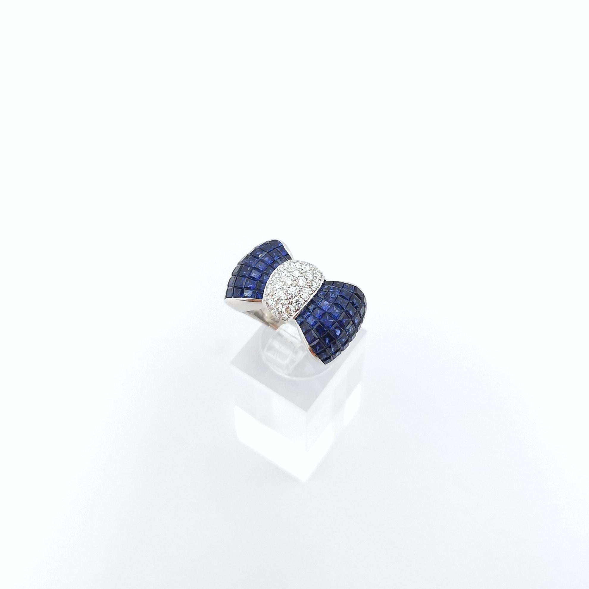 Blue Sapphire with Diamond Bow Ring set in 18K White Gold Settings For Sale 7