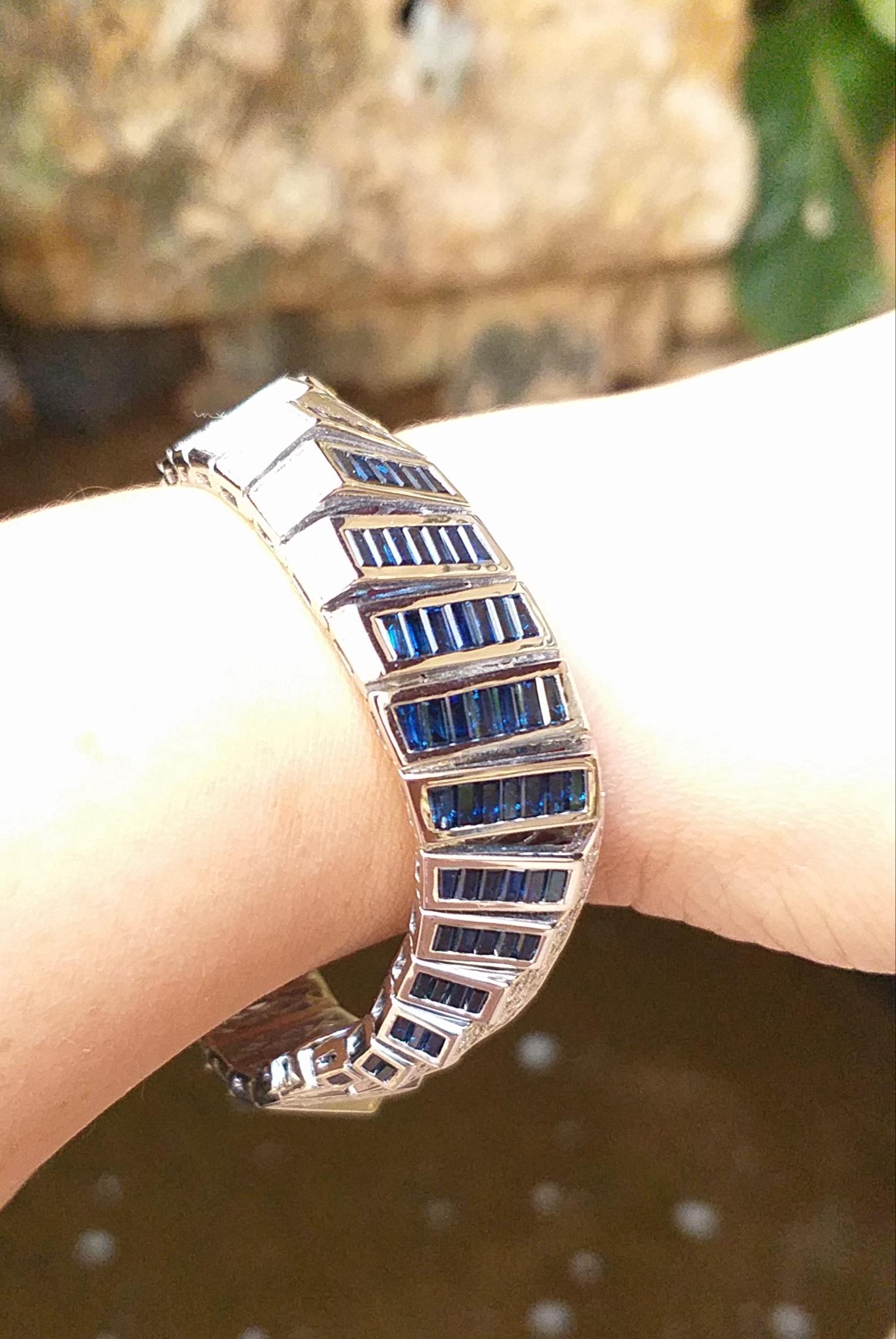 Women's or Men's Blue Sapphire with Diamond Bracelet Set in 14 Karat White Gold Settings For Sale