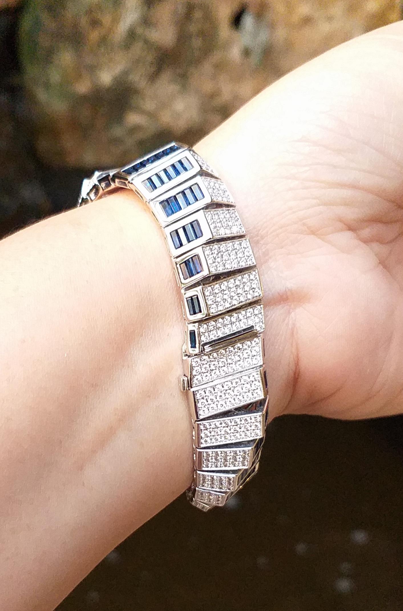 Blue Sapphire with Diamond Bracelet Set in 14 Karat White Gold Settings For Sale 1