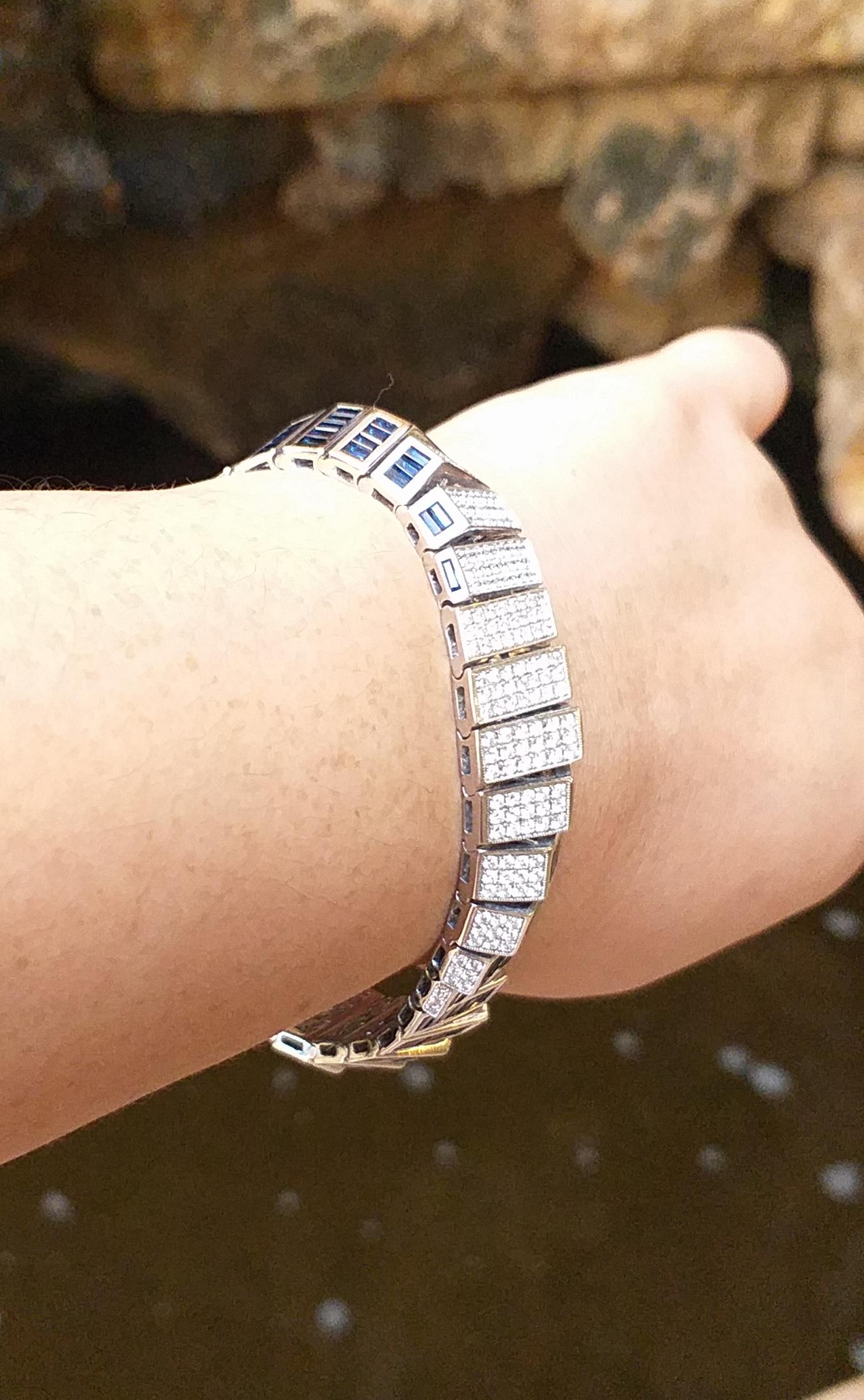 Blue Sapphire with Diamond Bracelet Set in 14 Karat White Gold Settings For Sale 2