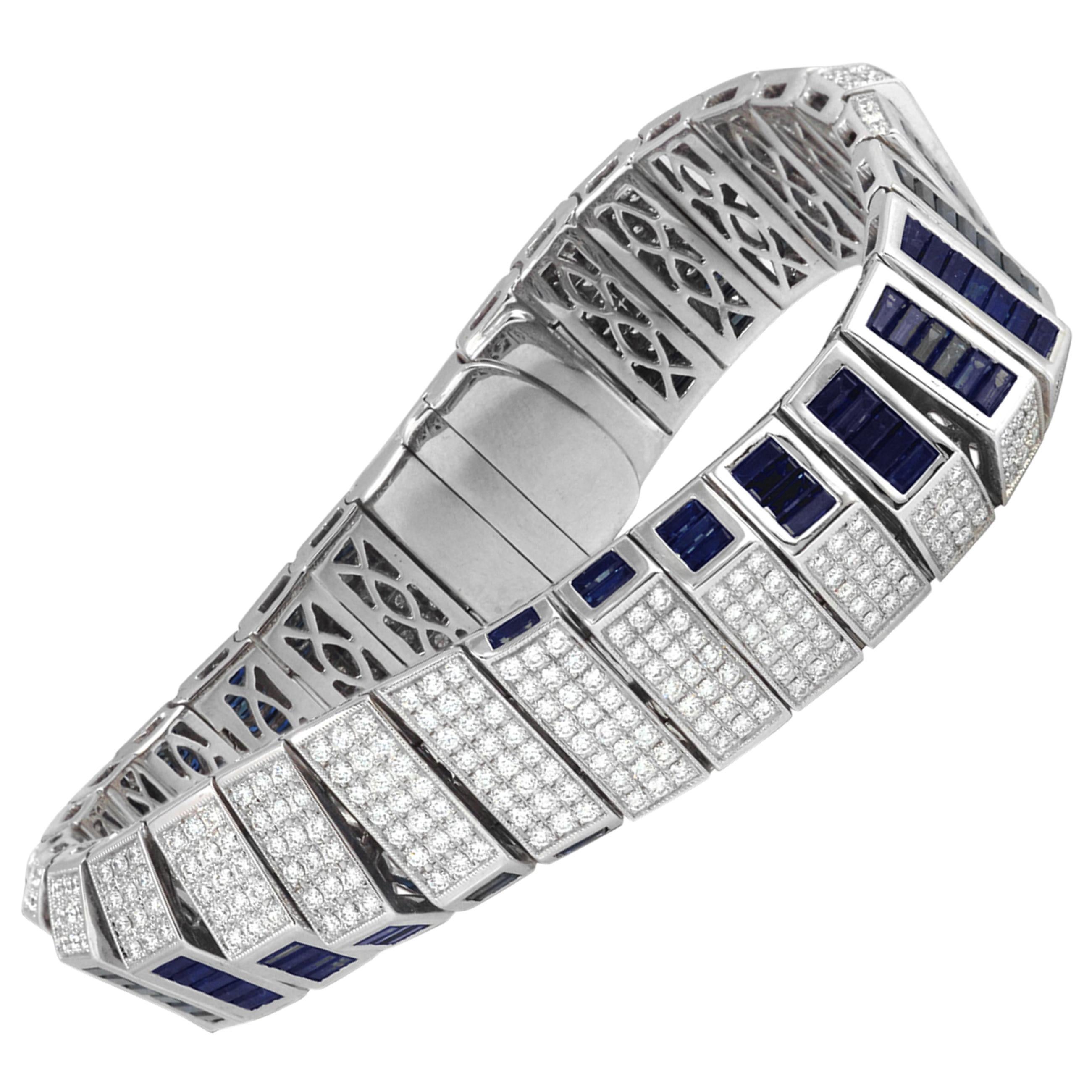 Blue Sapphire with Diamond Bracelet Set in 14 Karat White Gold Settings For Sale