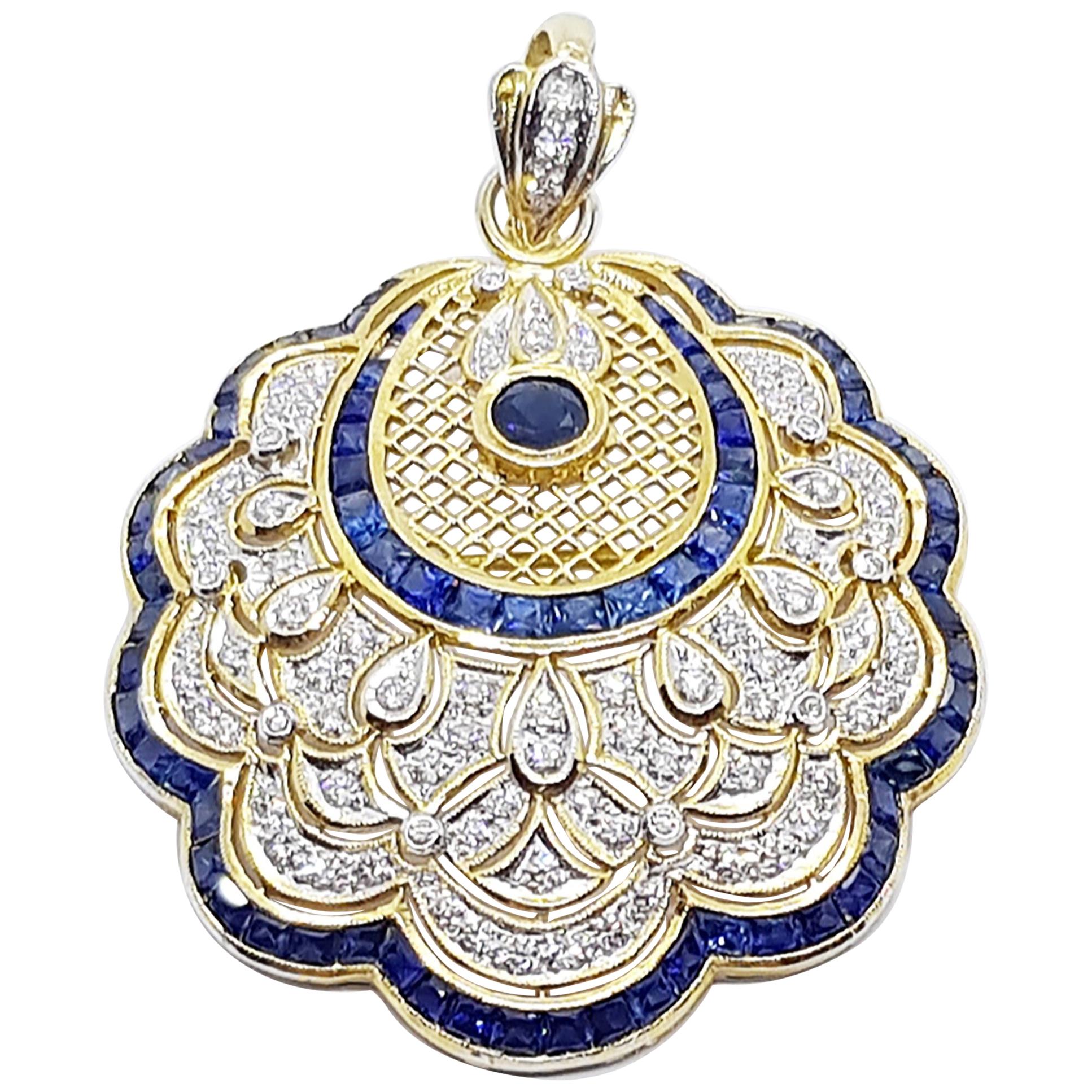 Brosche/Anhänger aus 18 Karat Gold mit blauem Saphir und Diamanten in Fassungen