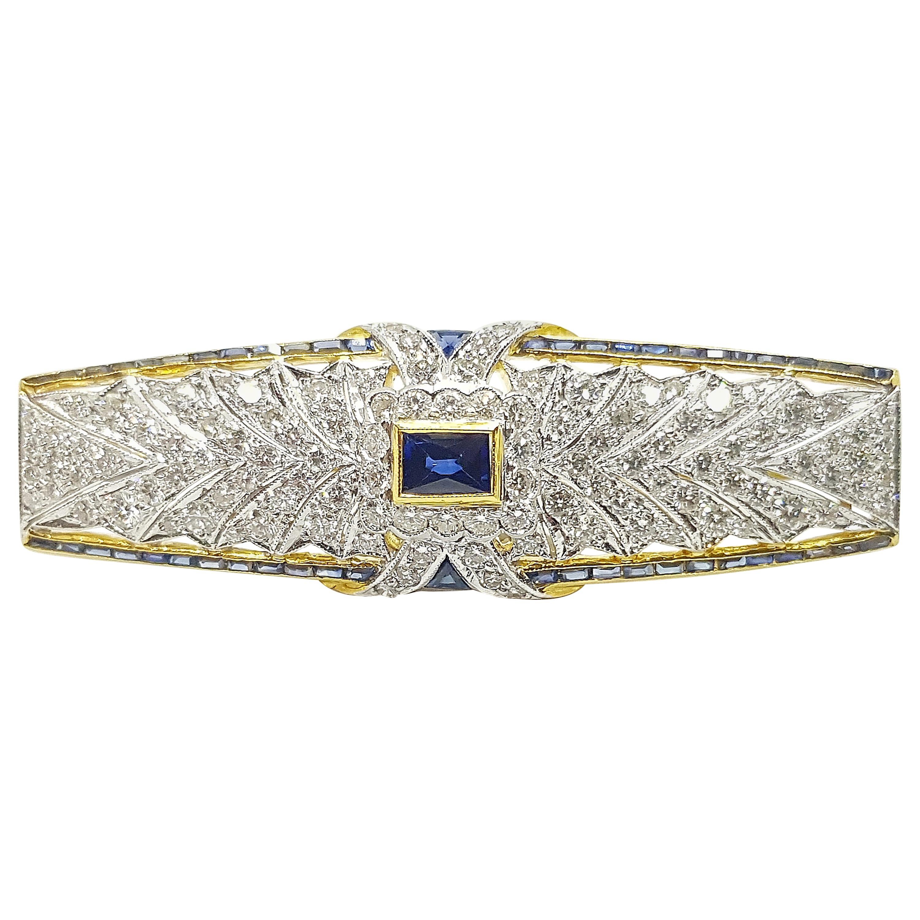 Blue Sapphire with Diamond Brooch Set in 18 Karat Gold Settings