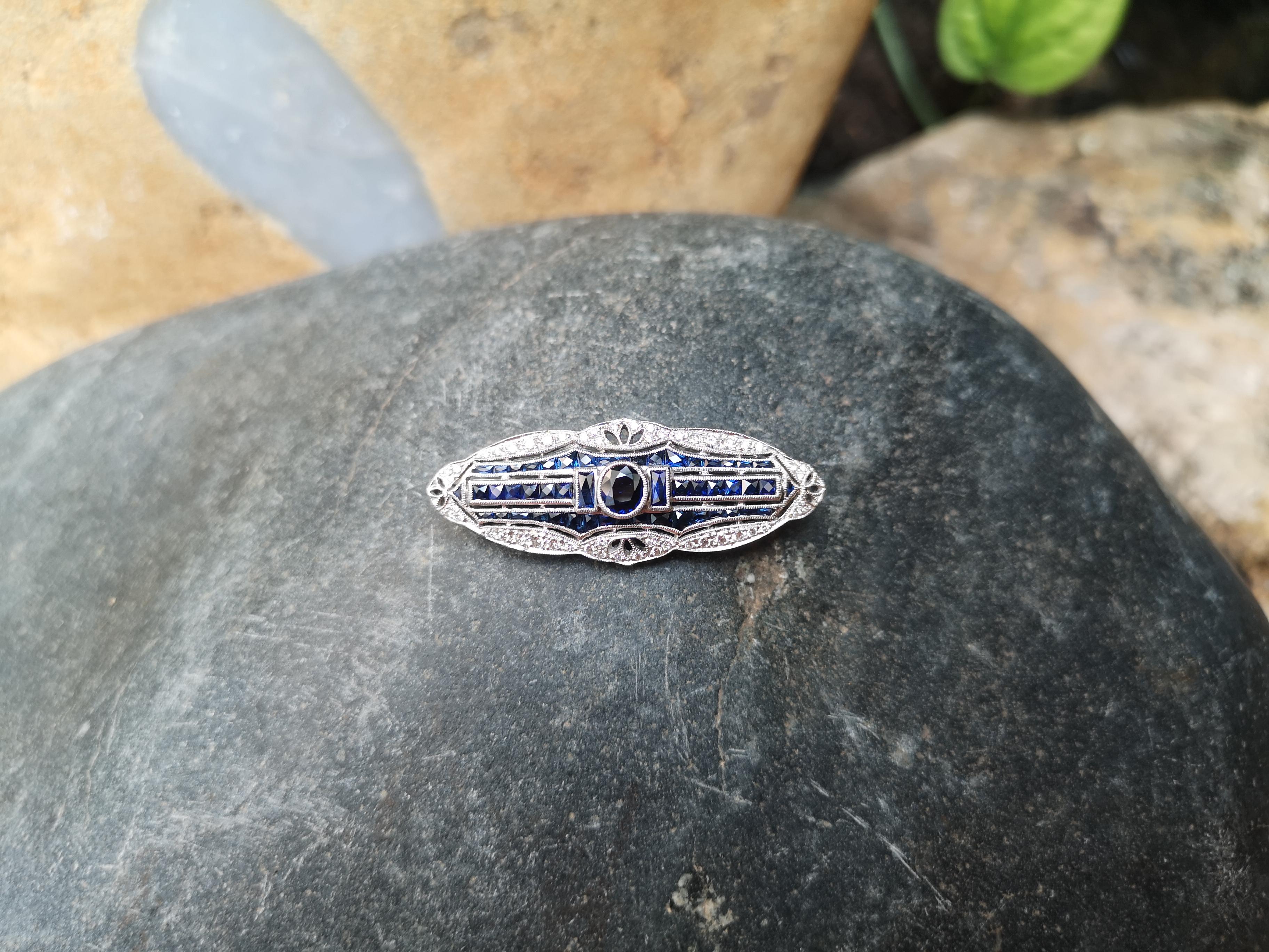 Art Deco Blue Sapphire with Diamond Brooch Set in 18 Karat White Gold Settings For Sale