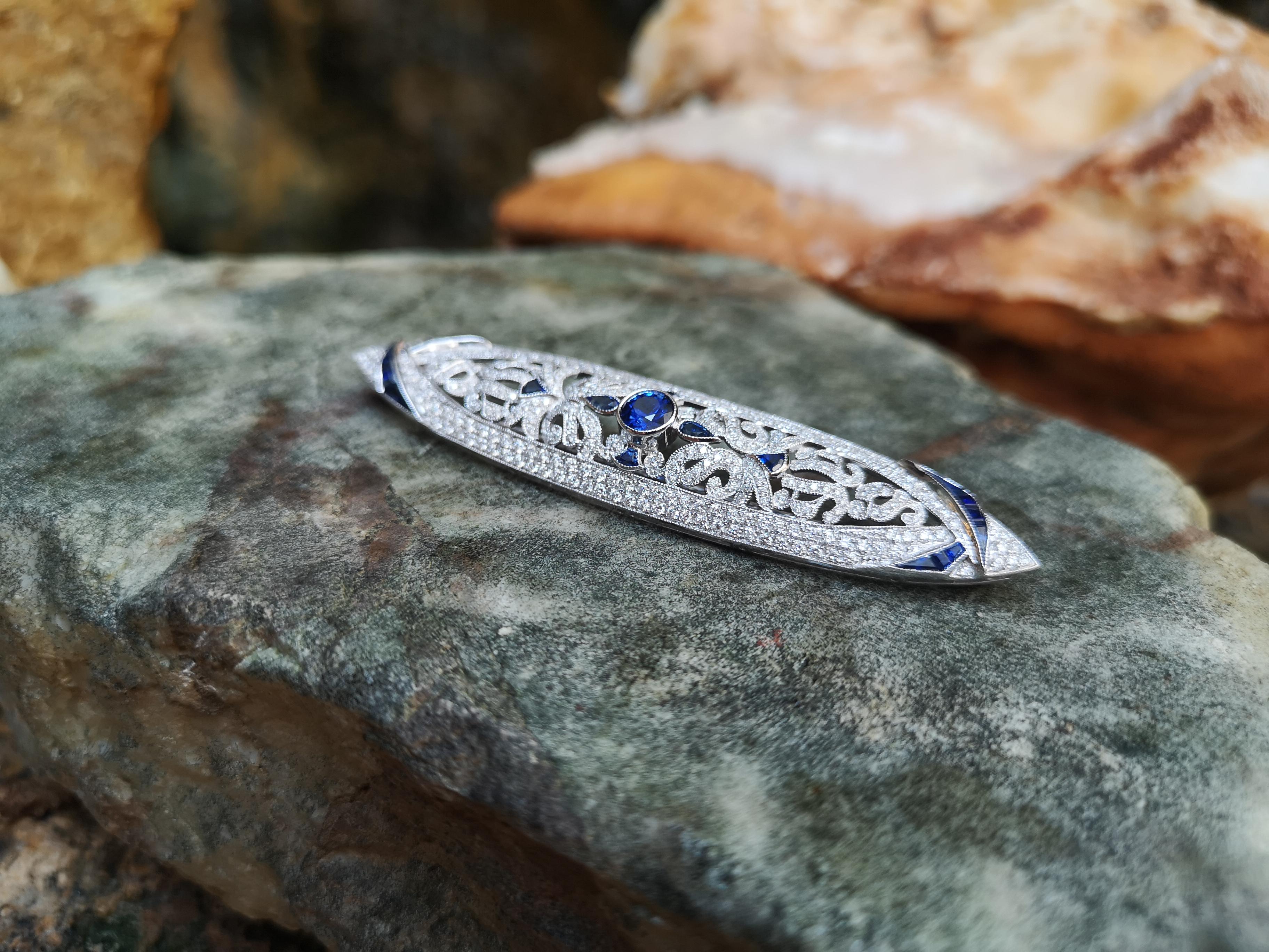 Women's or Men's Blue Sapphire with Diamond Brooch Set in 18 Karat White Gold Settings For Sale