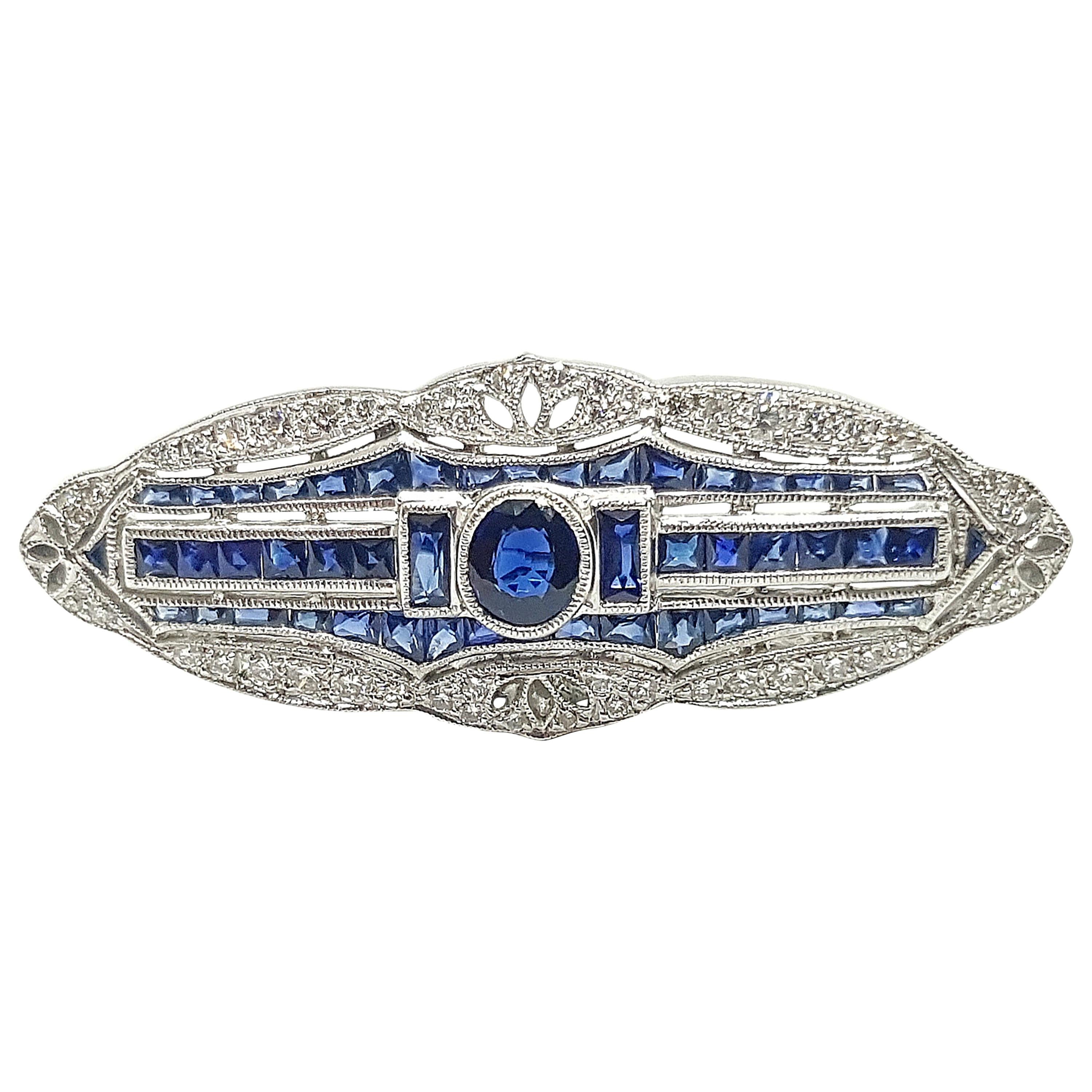 Blue Sapphire with Diamond Brooch Set in 18 Karat White Gold Settings For Sale