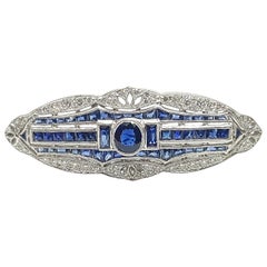 Blue Sapphire with Diamond Brooch Set in 18 Karat White Gold Settings