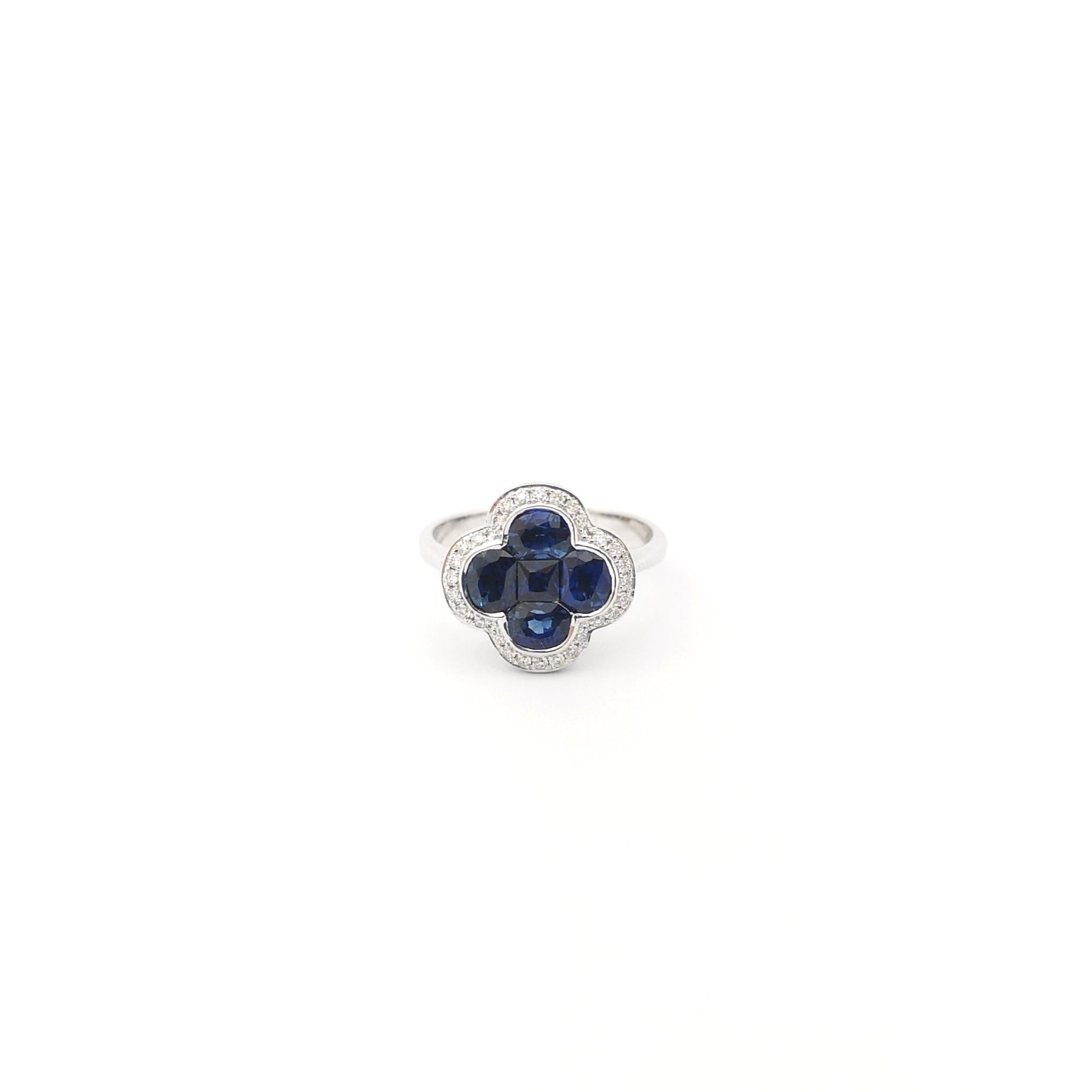 Blue Sapphire with Diamond Clover Ring set in 18K White Gold Settings For Sale 4