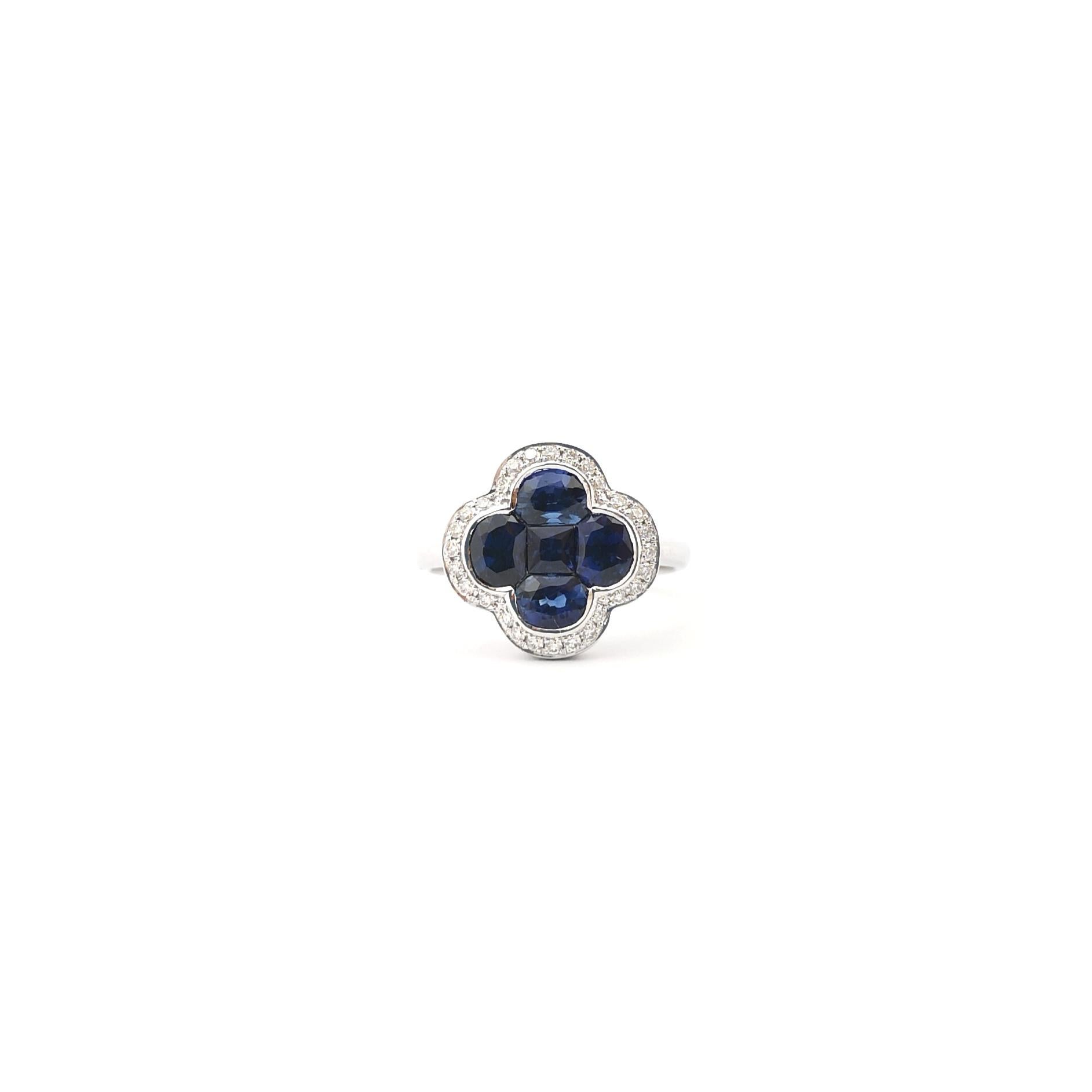 Blue Sapphire with Diamond Clover Ring set in 18K White Gold Settings For Sale 5