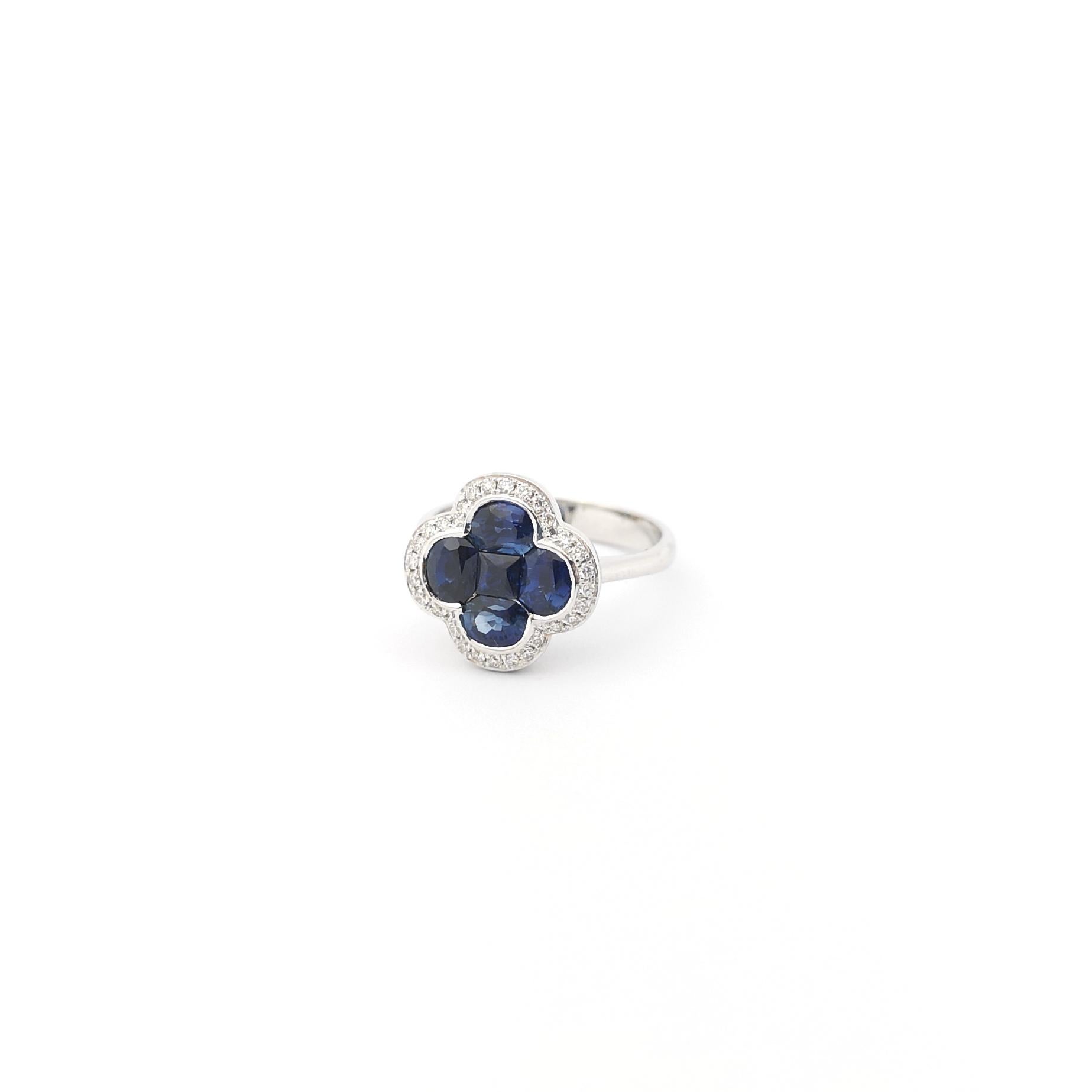 Blue Sapphire with Diamond Clover Ring set in 18K White Gold Settings For Sale 7