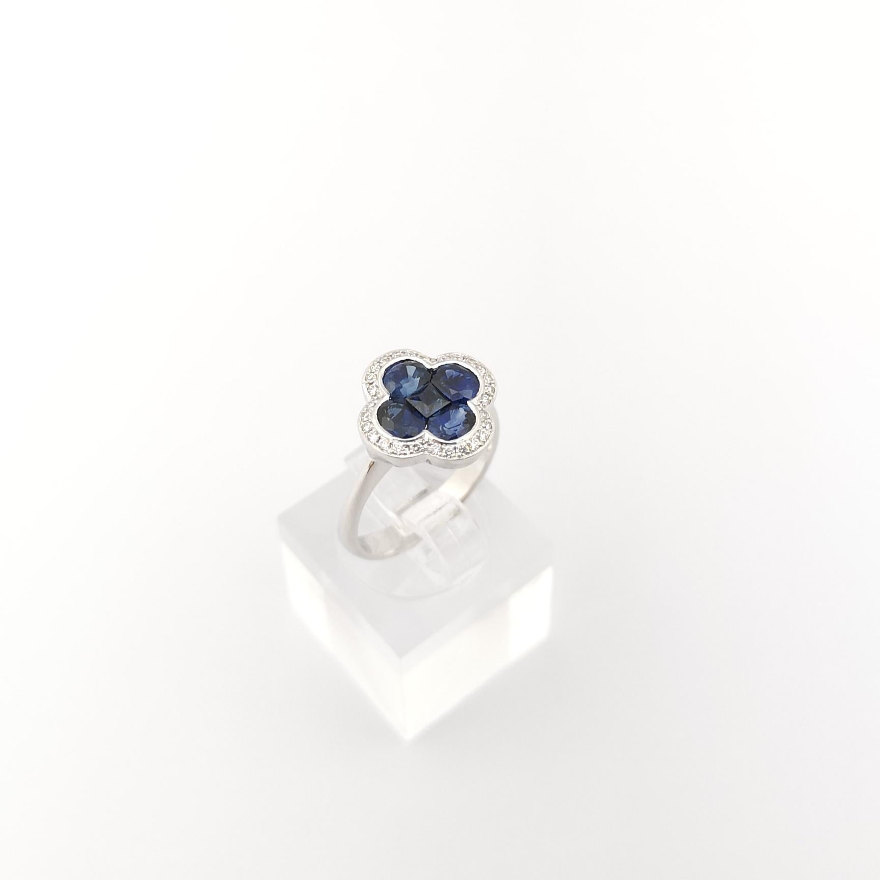 Blue Sapphire with Diamond Clover Ring set in 18K White Gold Settings For Sale 11